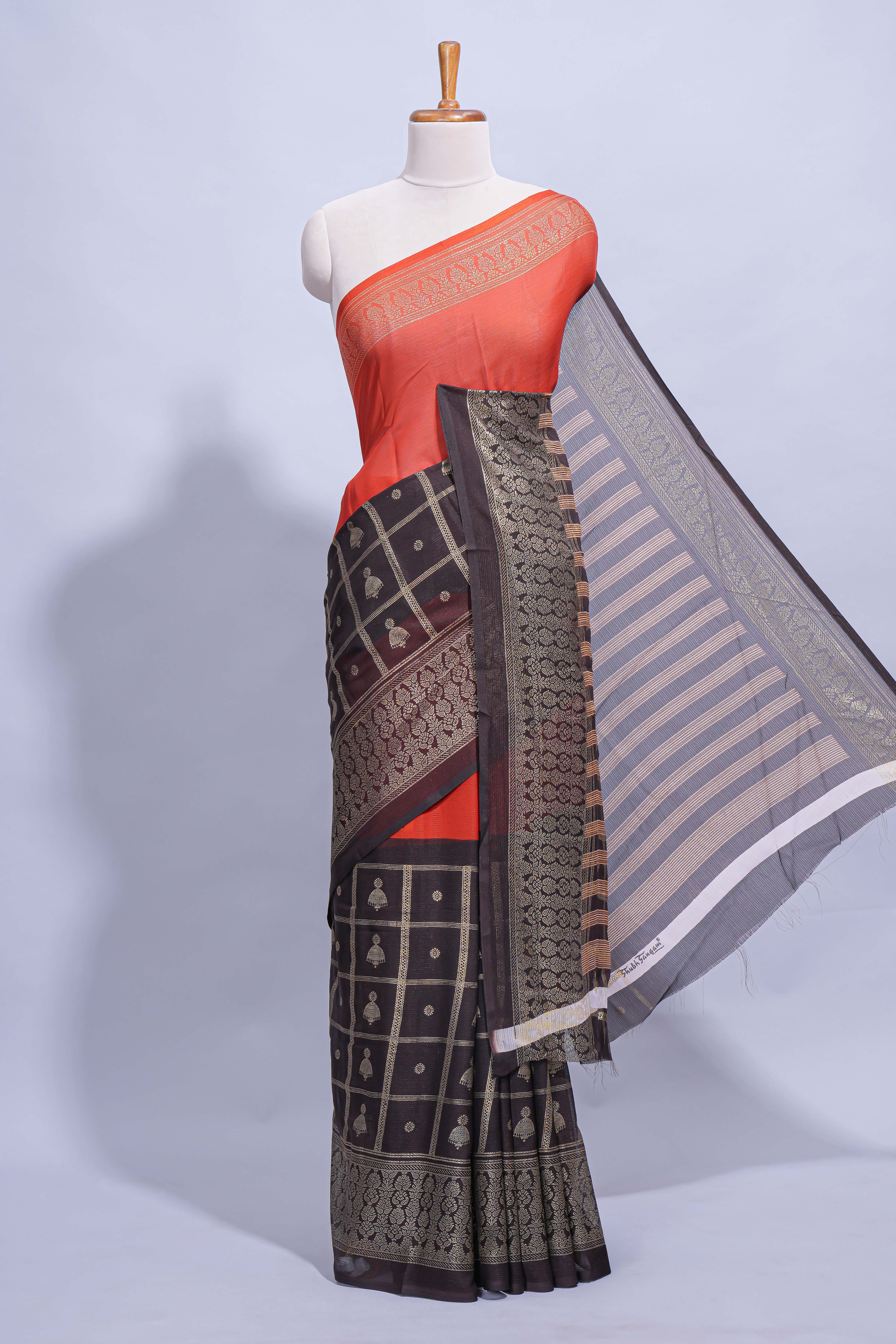 Rust Orange color budget silk saree with contrast foil print border and contrast pallu along with contrast blouse piece