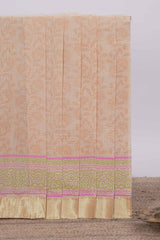 Peach striped floral design chirala cotton saree with self zari border and matching blouse