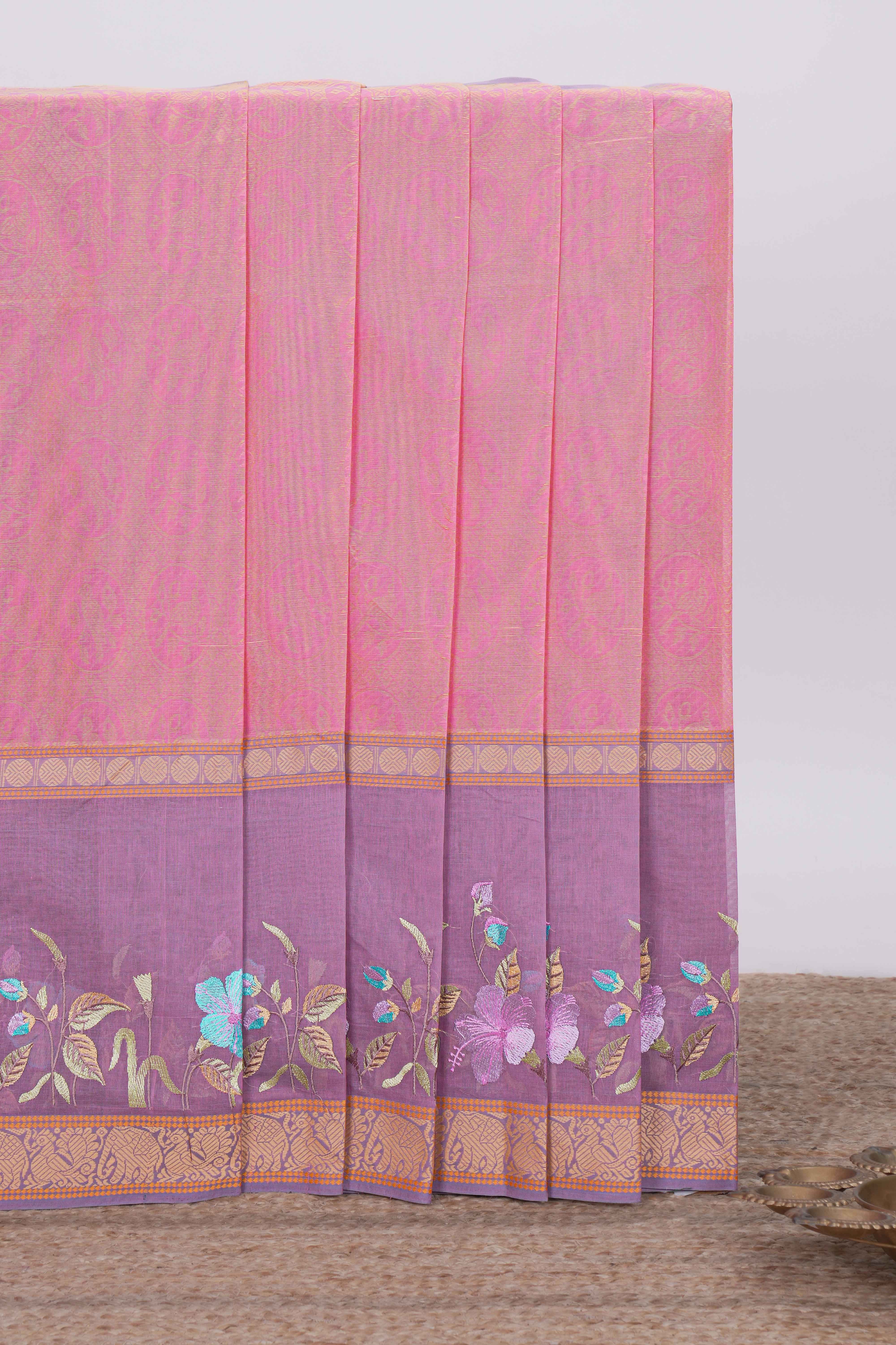Pink birds motifs design chirala cotton saree with contrast border and matching blouse
