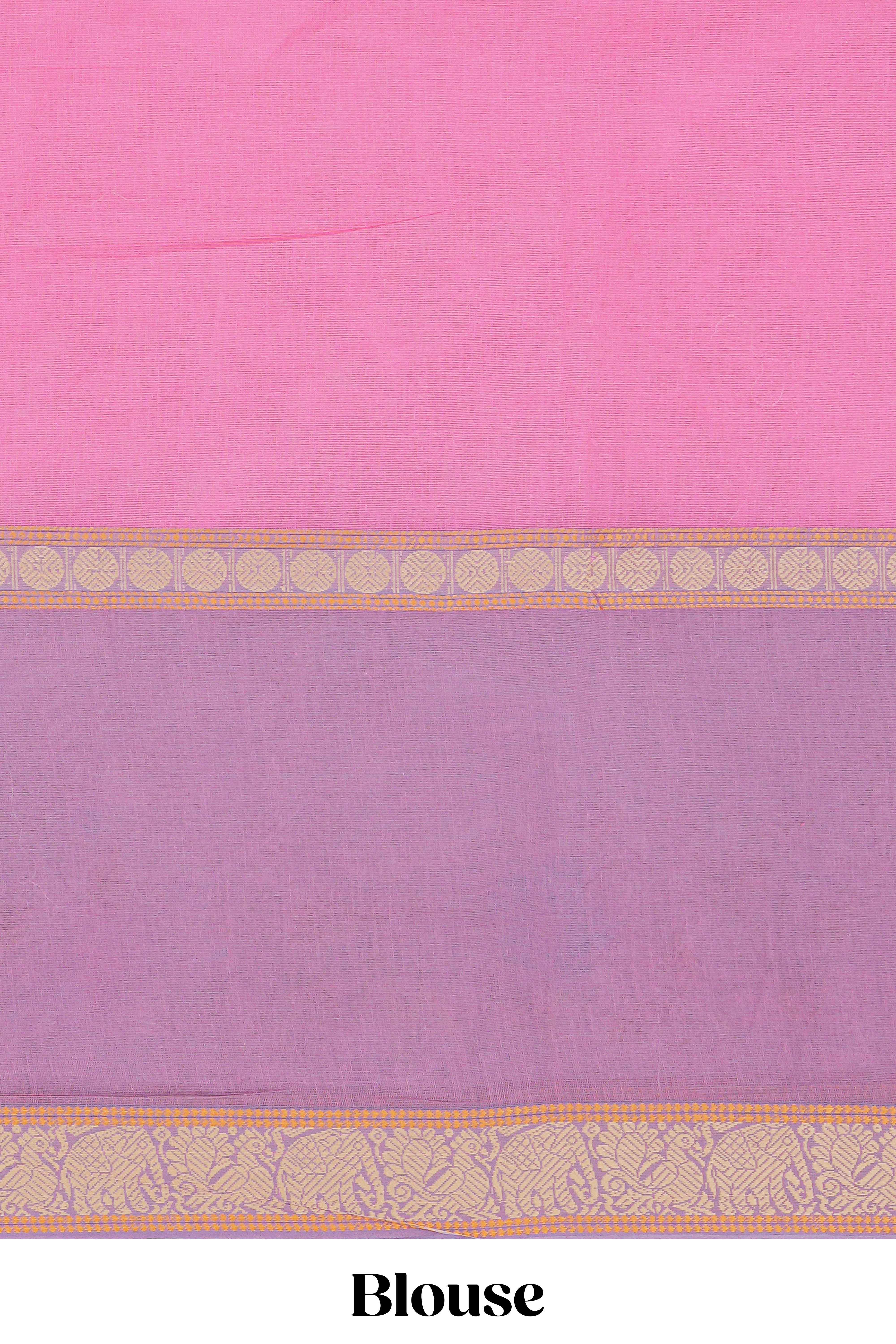 Pink birds motifs design chirala cotton saree with contrast border and matching blouse