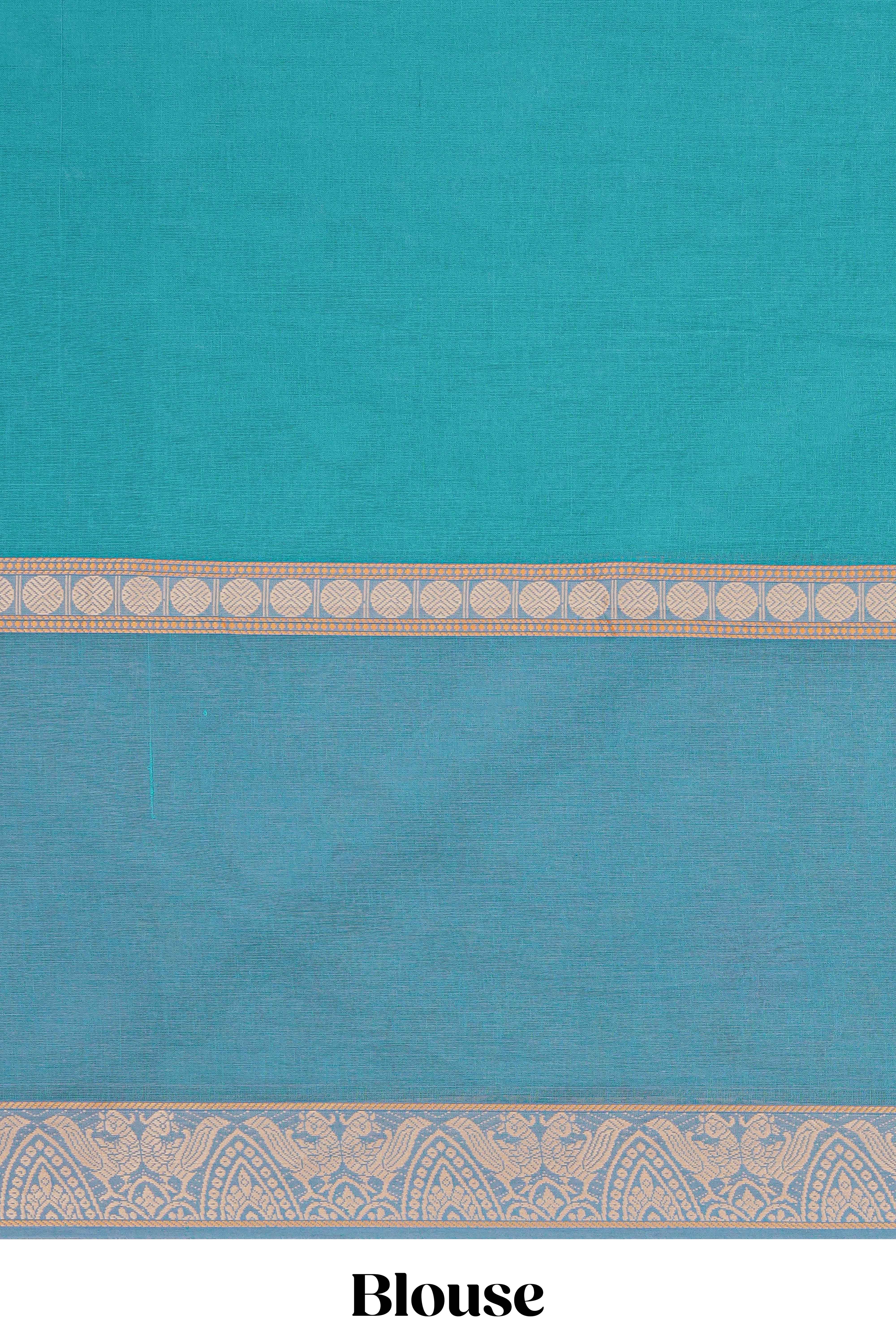 Green floral design chirala cotton saree with contrast border and matching blouse