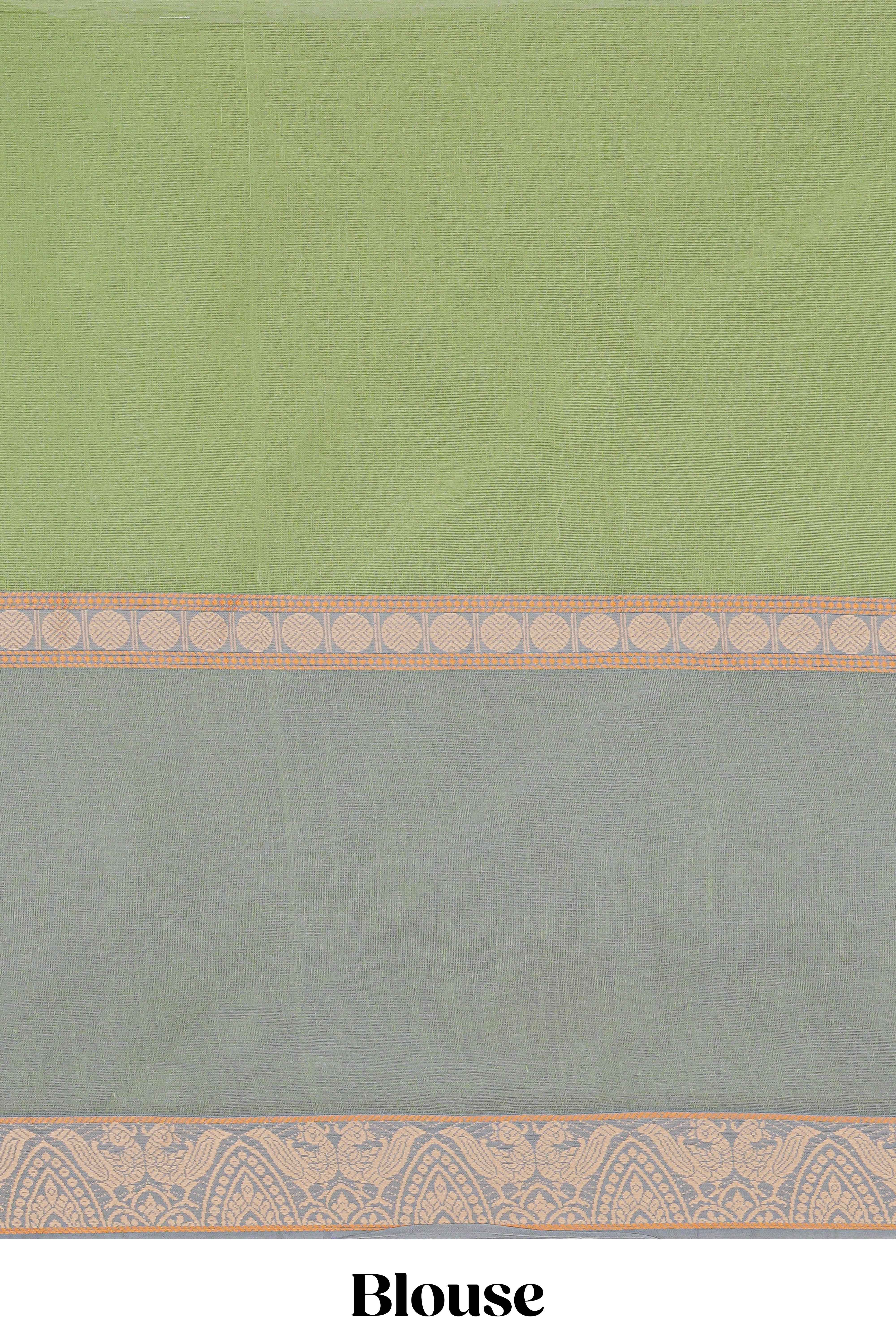 Olive green floral design chirala cotton saree with contrast border and matching blouse