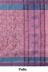 Pink checked floral design chirala cotton saree with contrast border and striped blouse