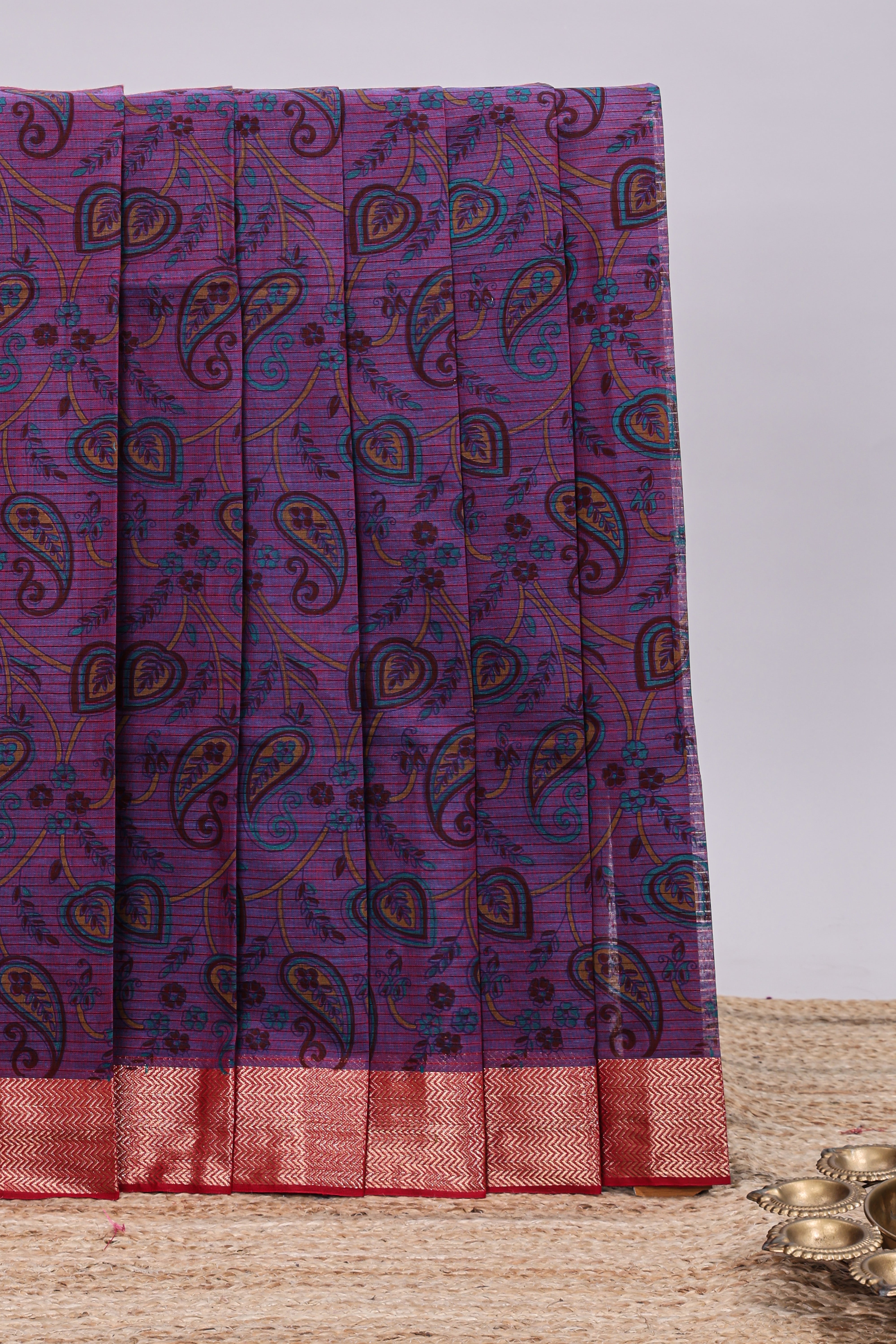 Violet striped motifs design chirala cotton saree with contrast border and motifs blouse