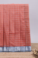 Rust red checked design chirala cotton saree with contrast border and striped blouse