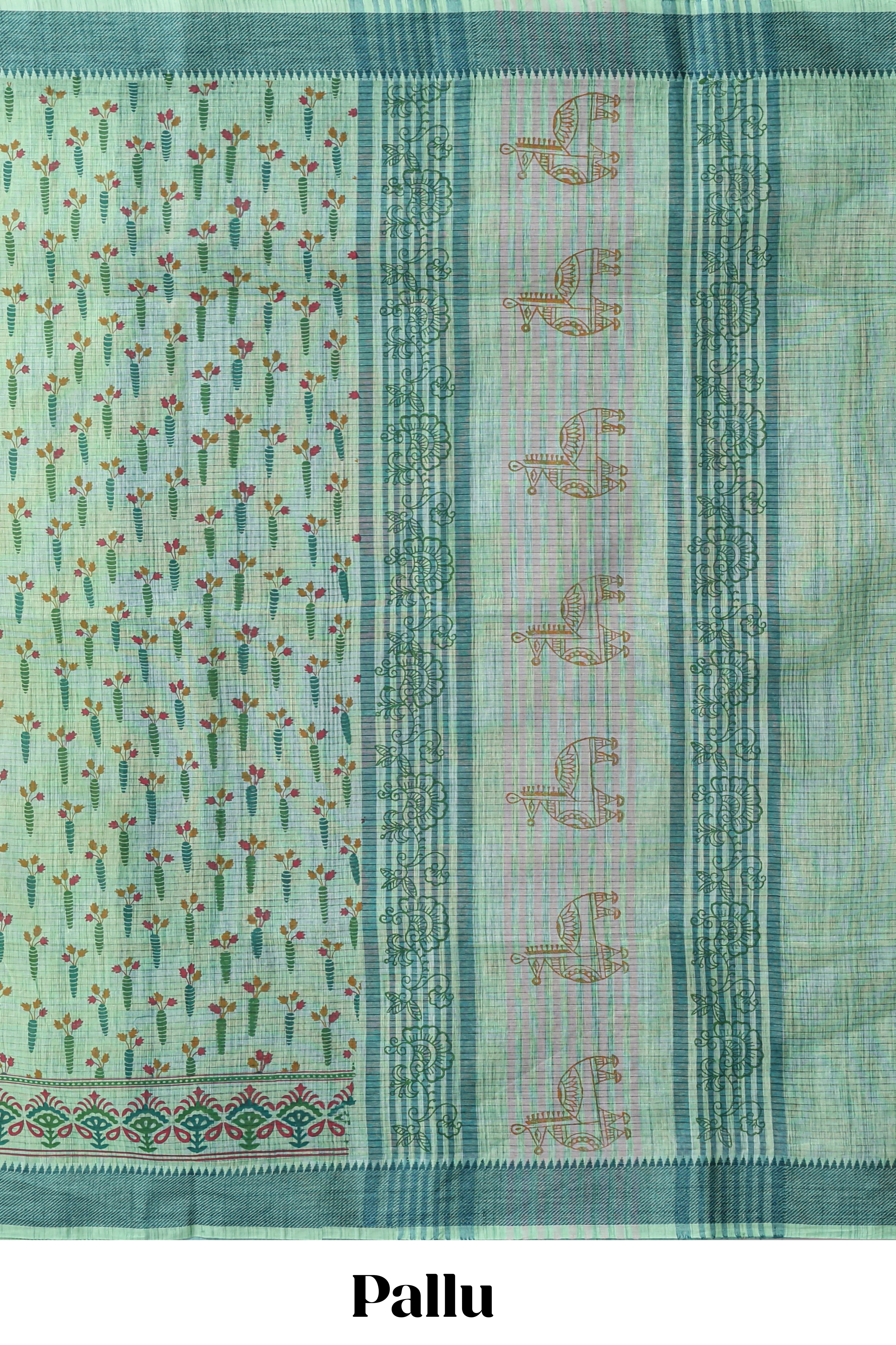 Green checked floral design chirala cotton saree with self border and printed blouse