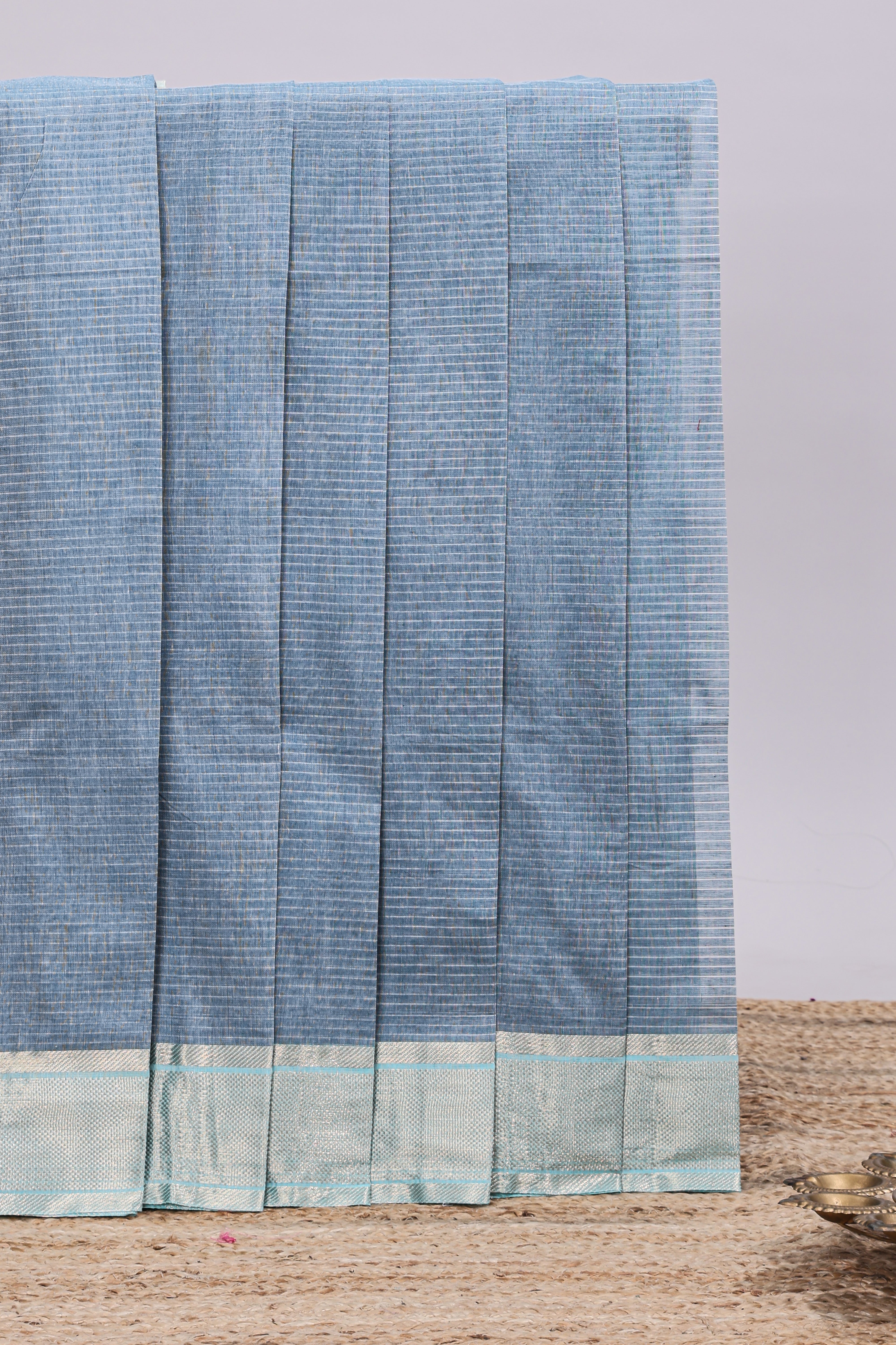 Stone blue striped design chirala cotton saree with contrast border and striped blouse
