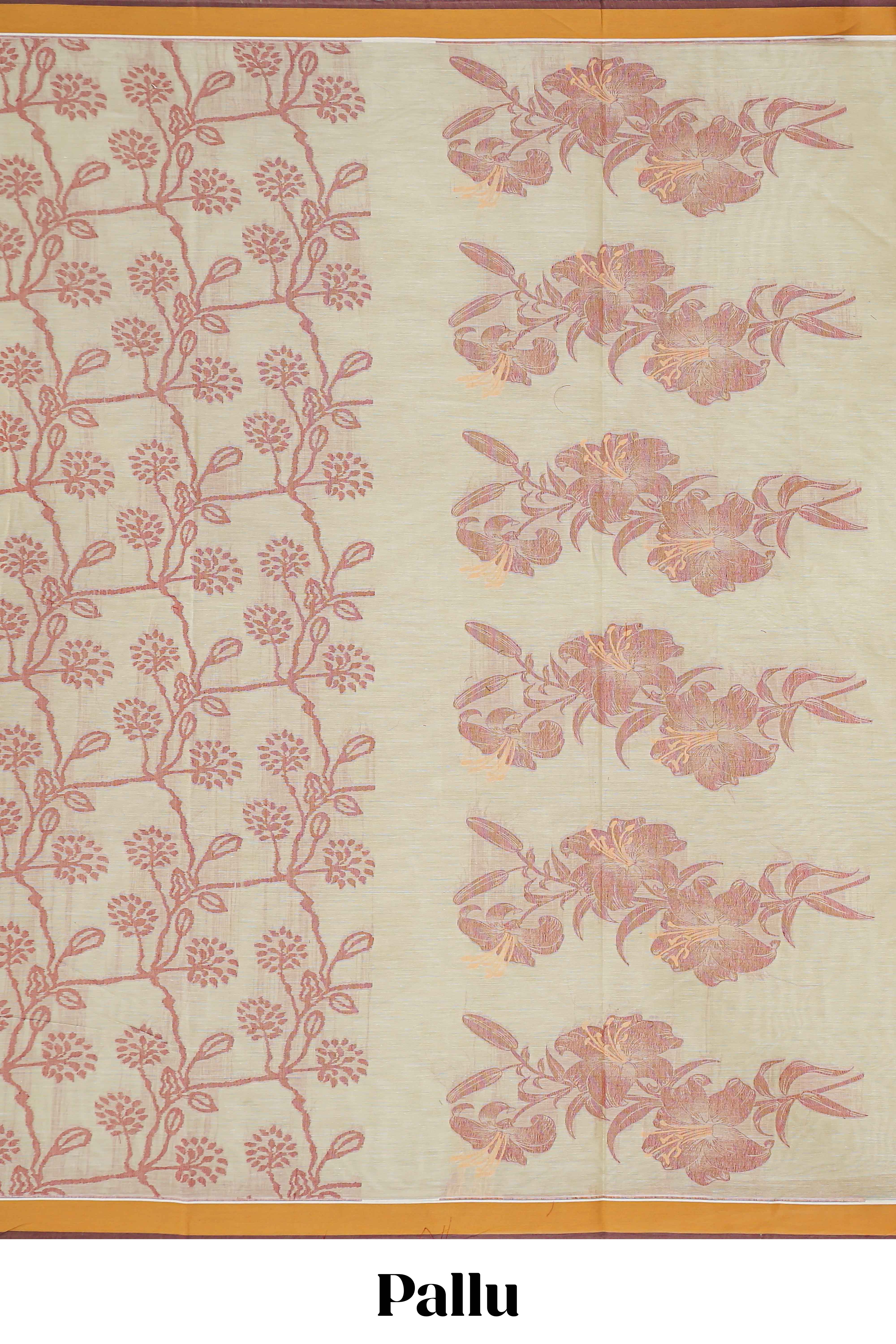 Cream color floral designed chirala cotton saree with contrast border and matching blouse