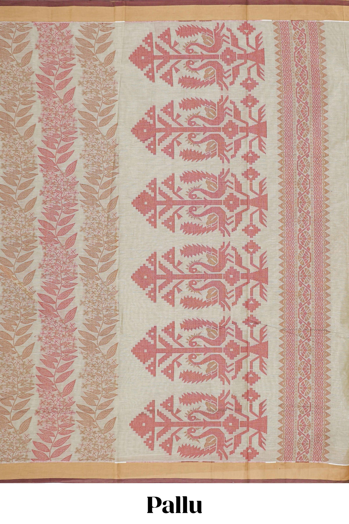Beige floral designed chirala cotton saree with contrast border and self tree motif pallu