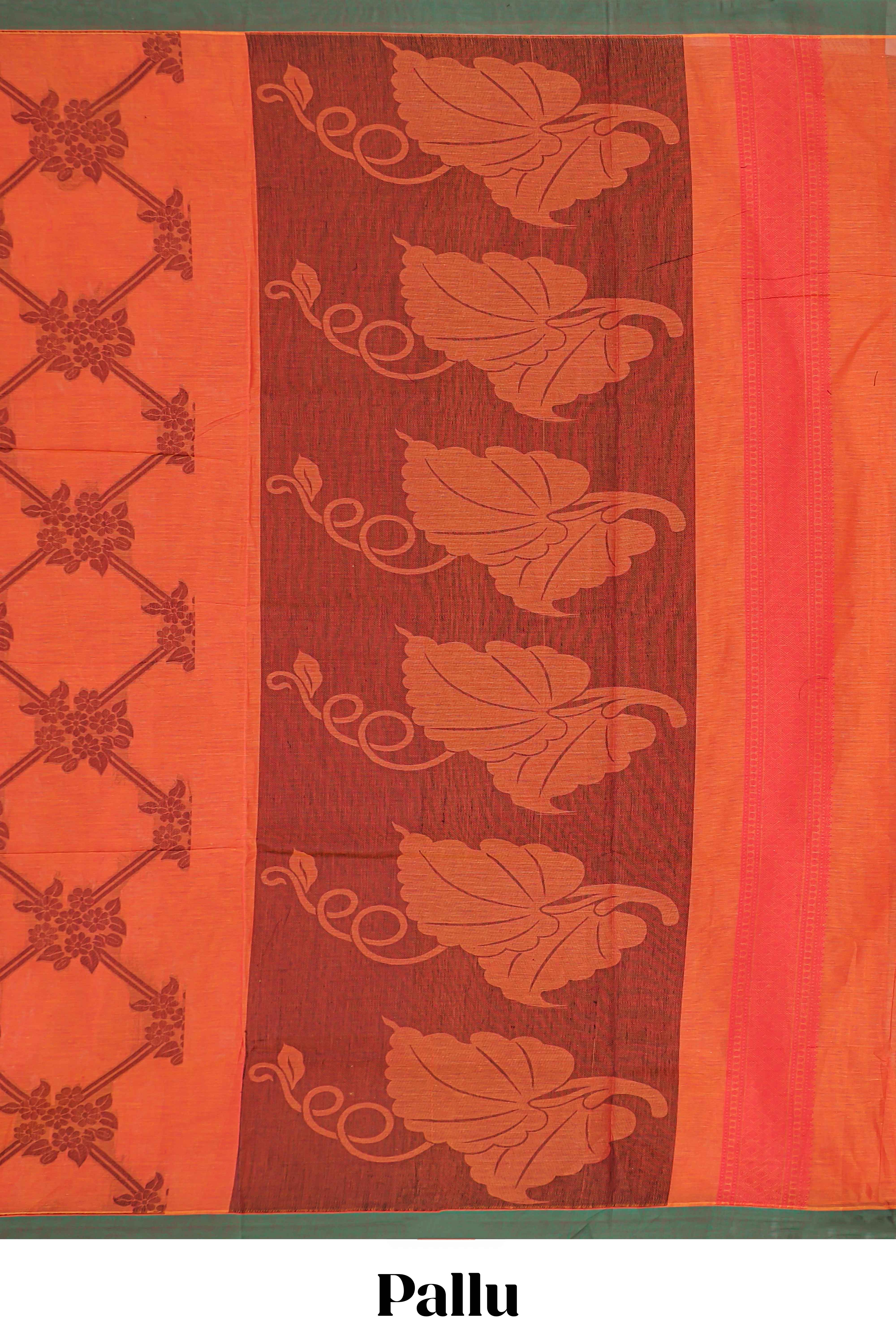 Orange floral and geometric designed chirala cotton saree with contrast border and self floral motif pallu