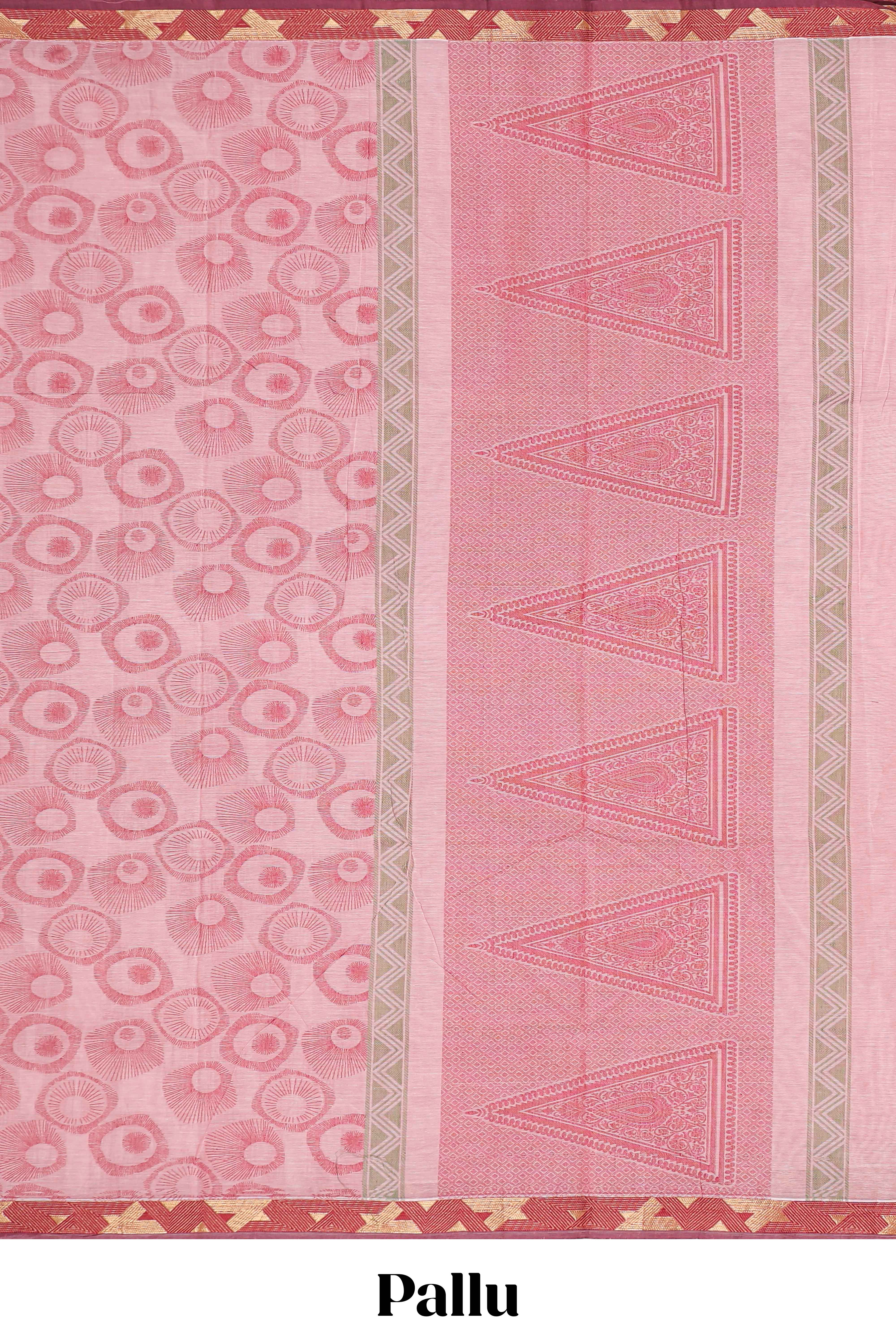 Pink unique designed chirala cotton saree with contrast border and self geometric motif pallu