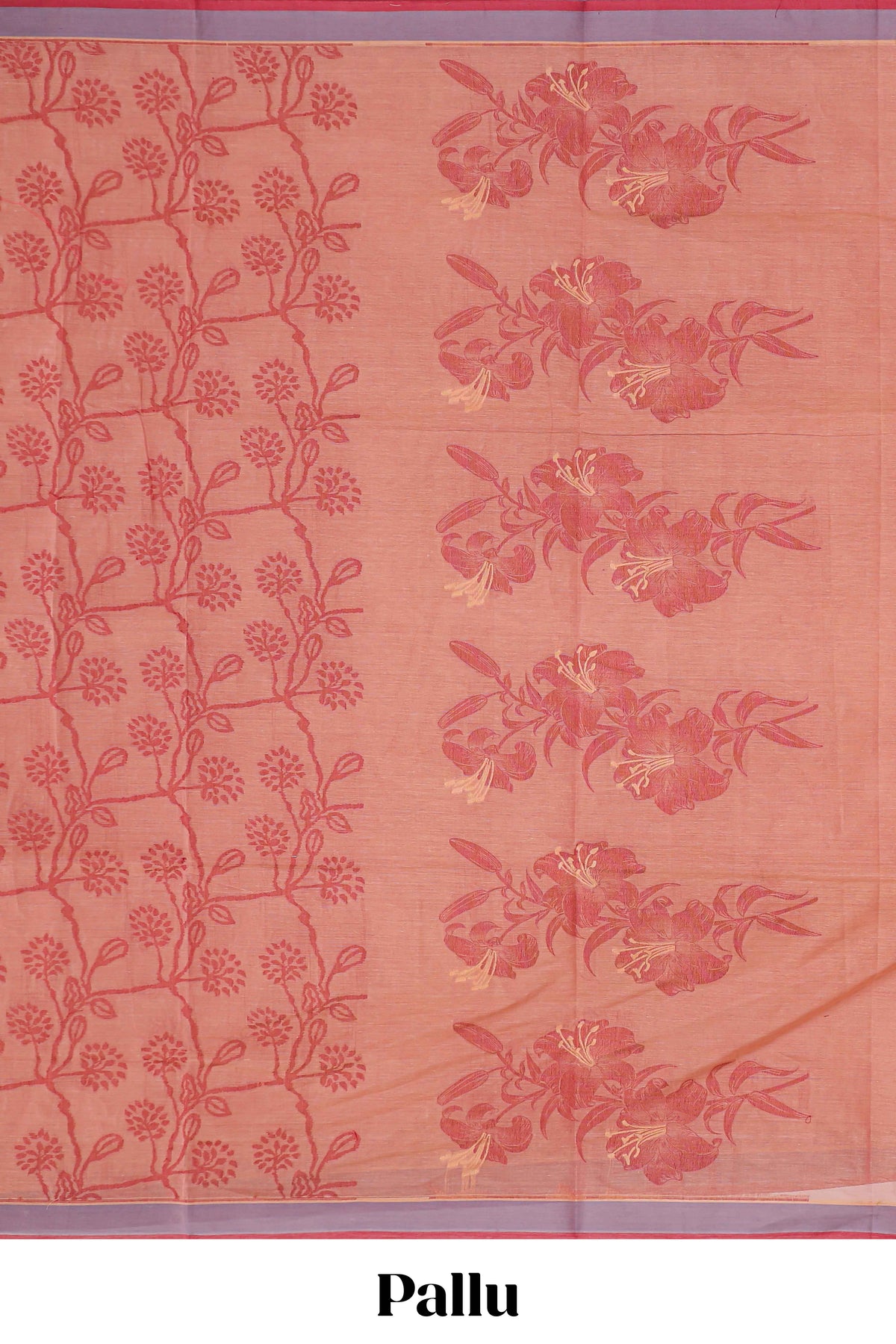 Peach floral designed chirala cotton saree with contrast border and self floral motif pallu