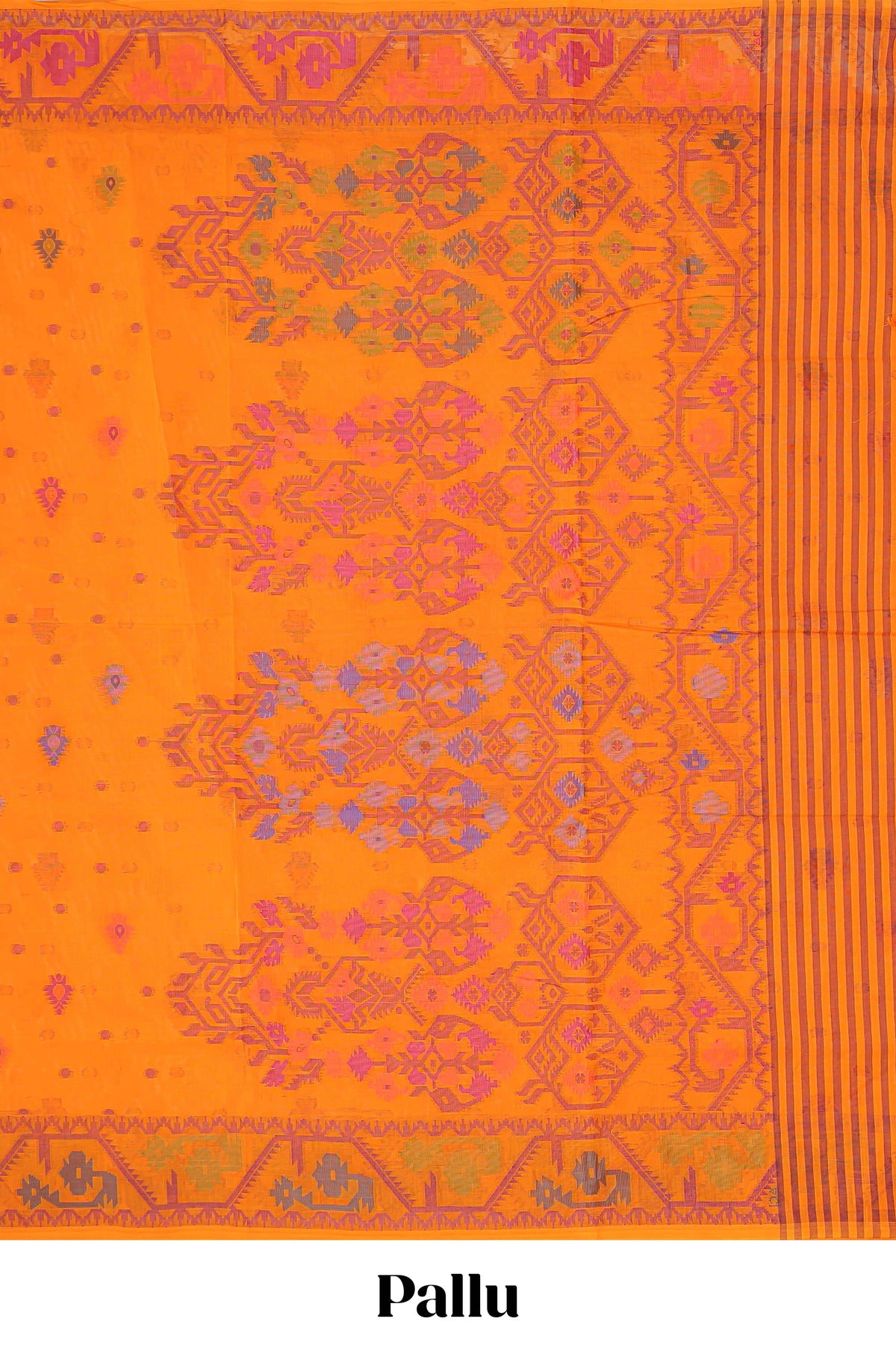 Orange butta designed chirala cotton saree with self border and floral design pallu