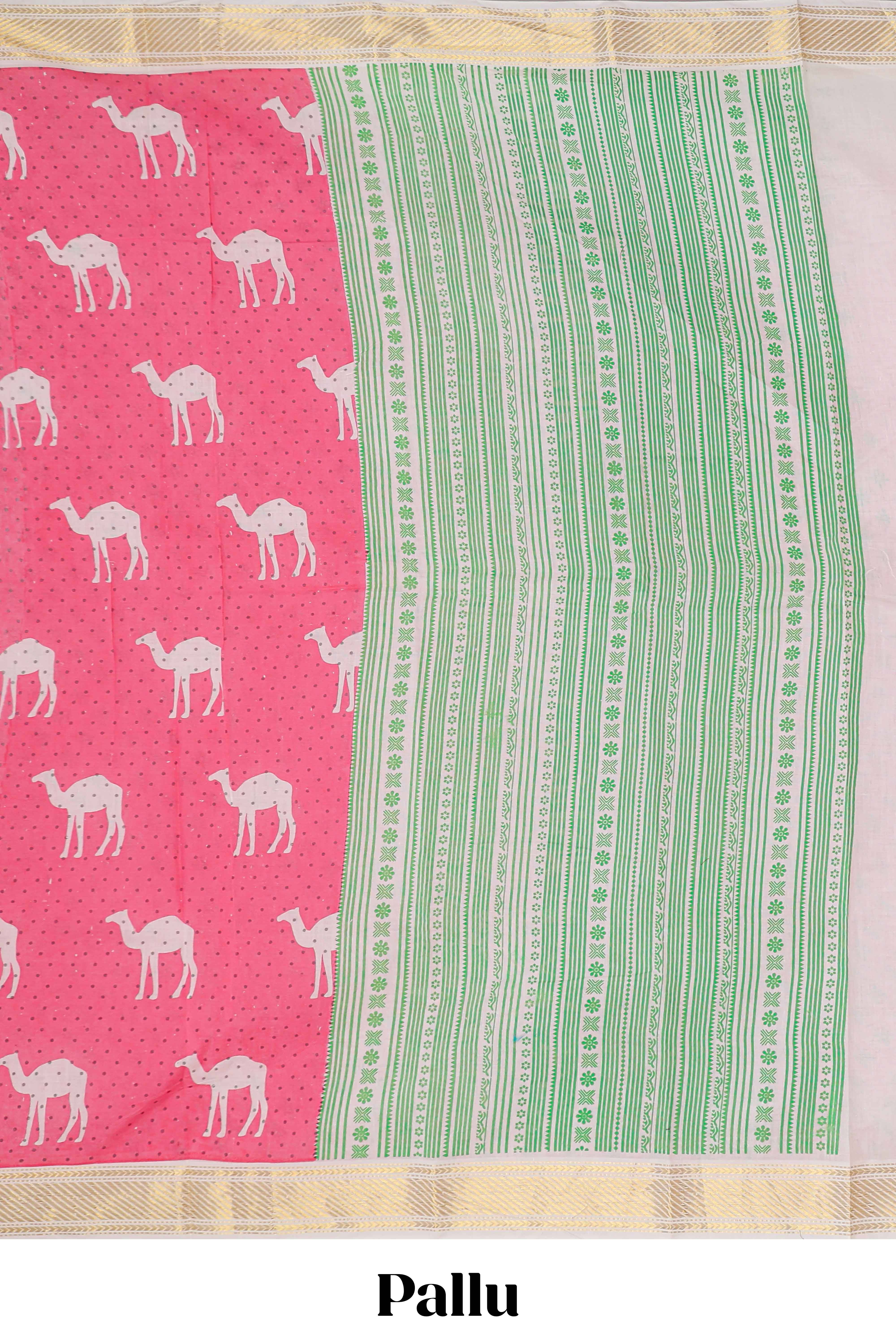 Pink camel motif chirala cotton saree with contrast zari border and blouse