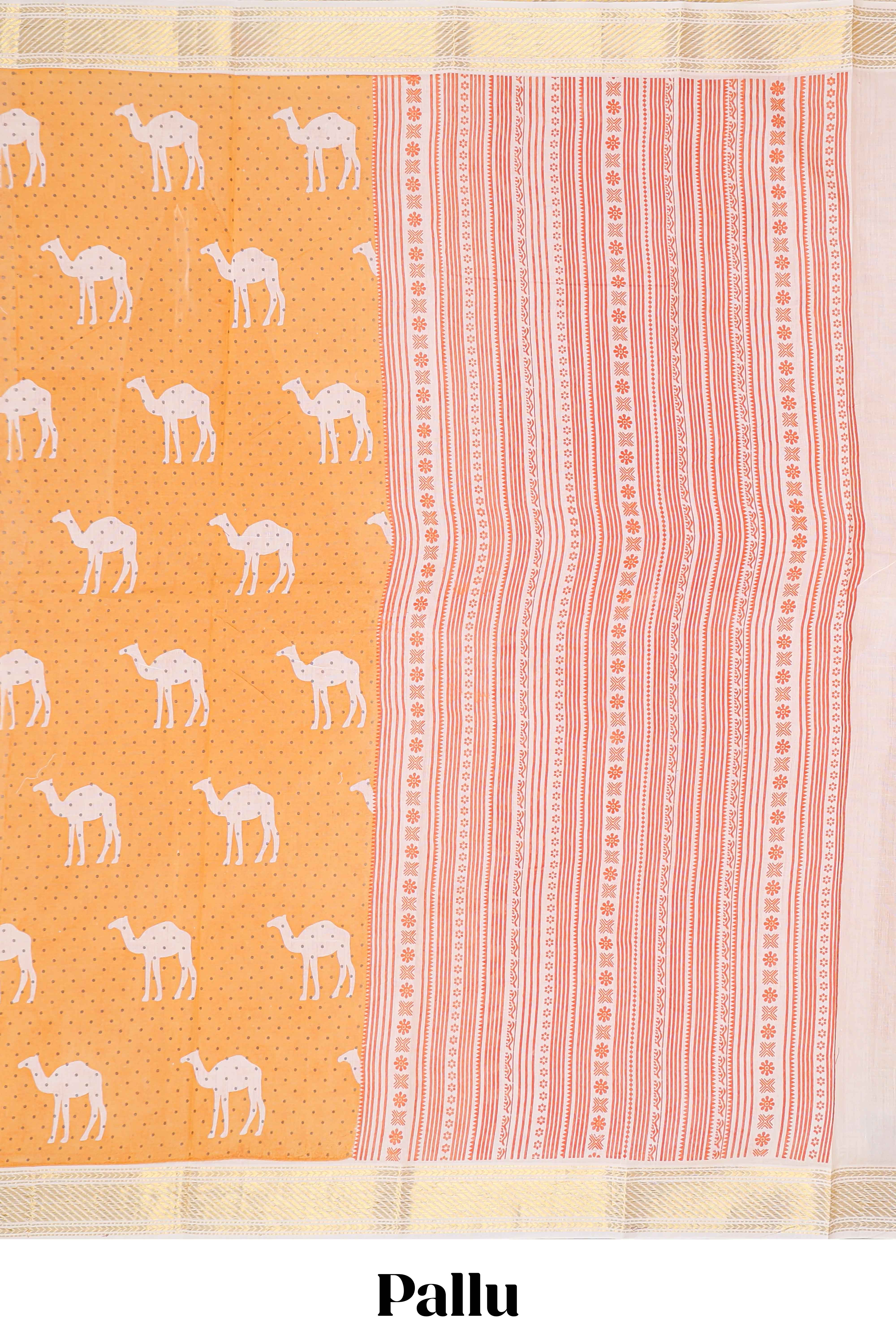 Orange camel motif chirala cotton saree with contrast zari border and blouse