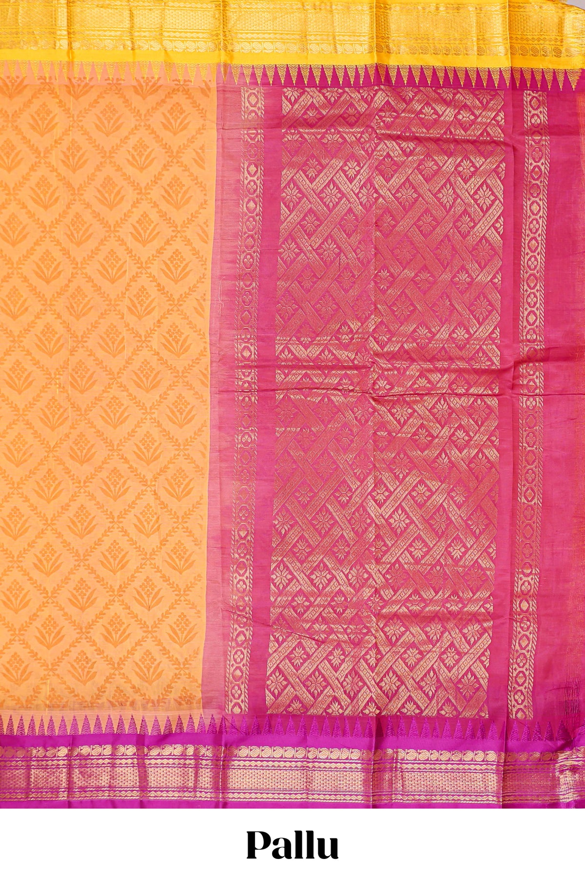 Mango yellow geometric floral design chirala cotton saree with contrast border and zari design pallu