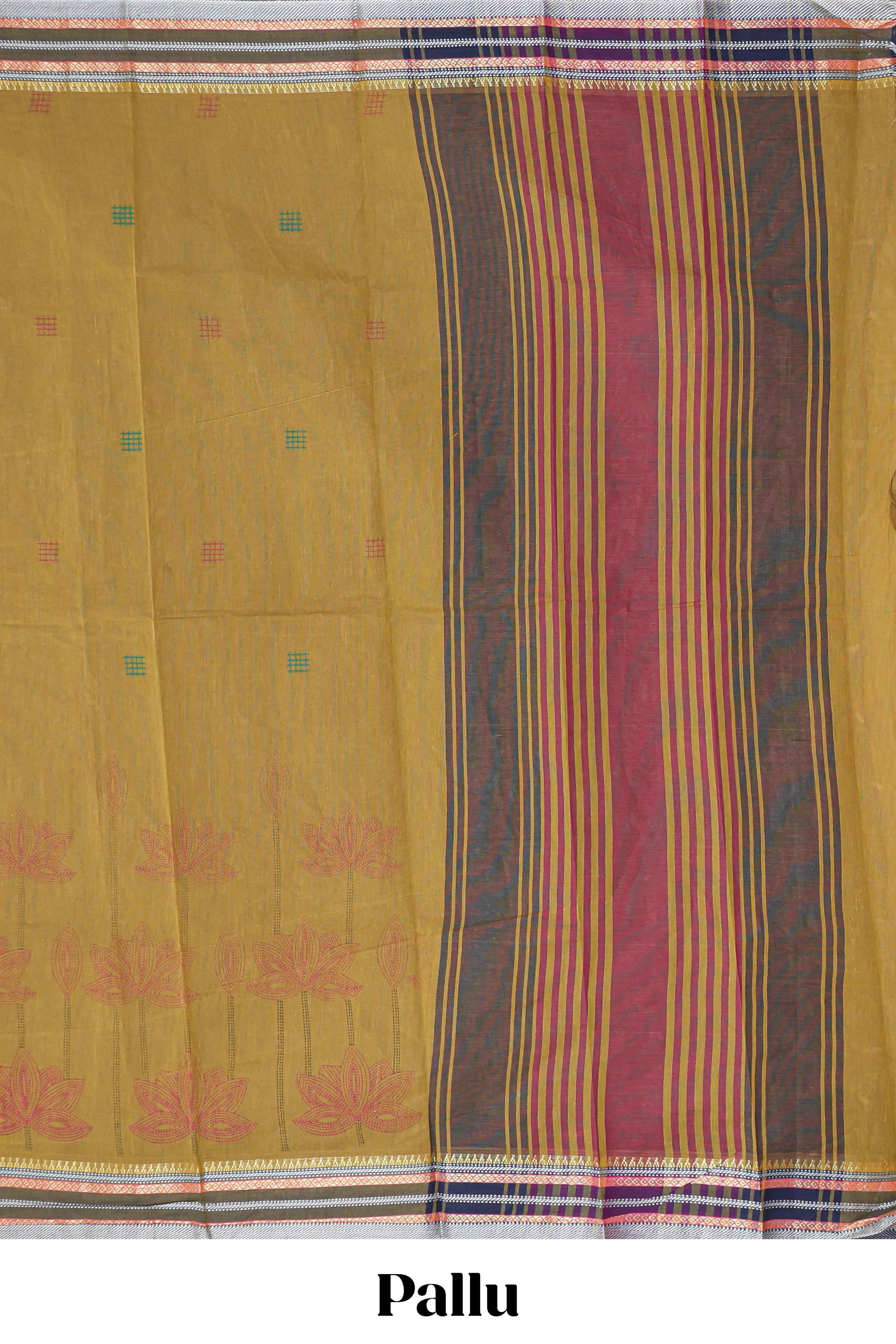 Mustard yellow floral design chirala cotton saree with contrast border and blouse