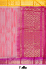 Pink striped chirala cotton saree with contrast zari border and pallu