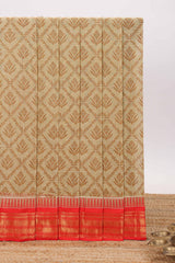 Beige geometric floral design chirala cotton saree with contrast border and zari design pallu