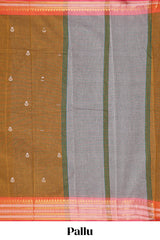 Mustard brown butta designed chirala cotton saree with contrast border and blouse