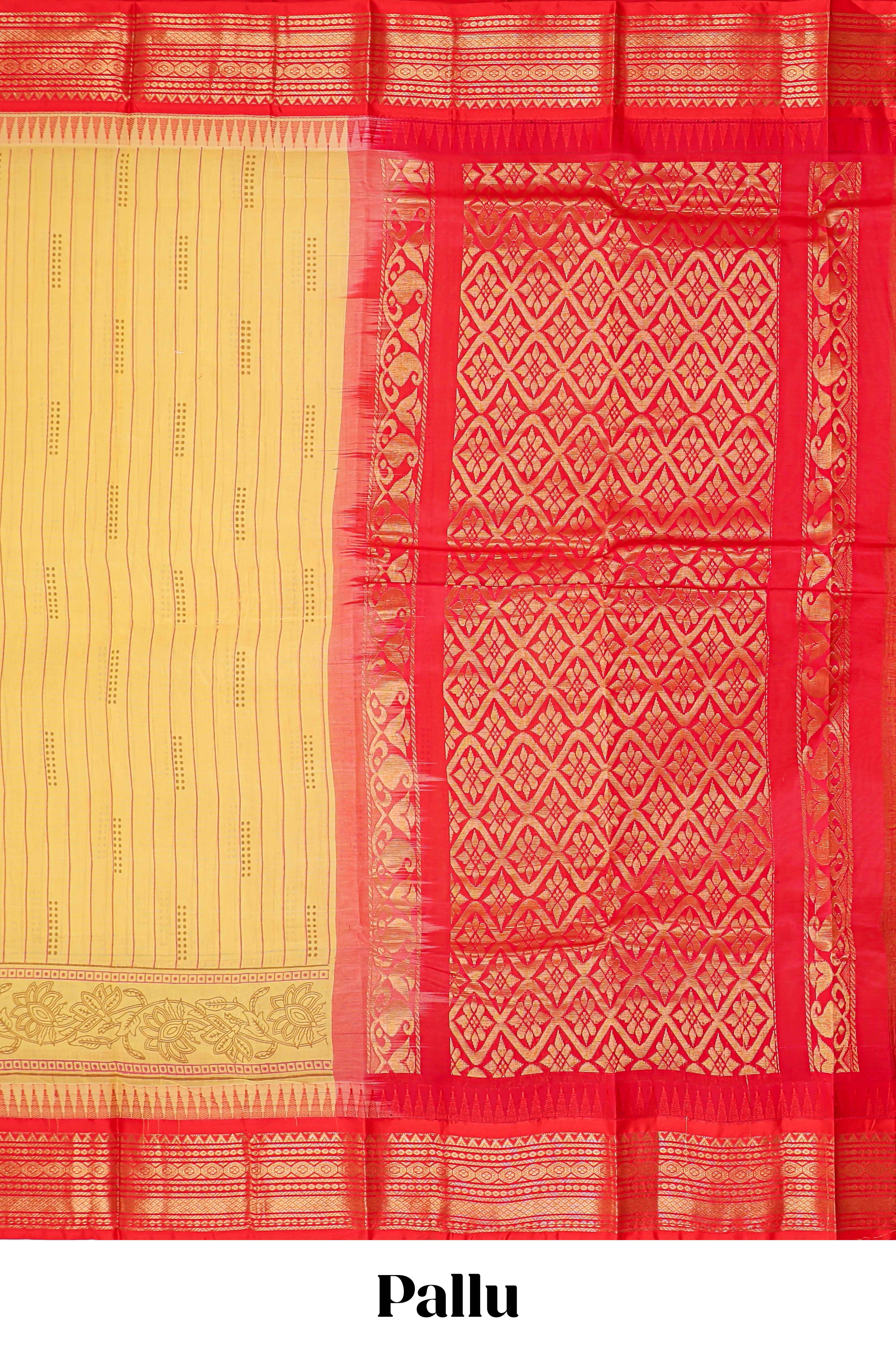 Yellow striped chirala cotton saree with contrast zari border and pallu