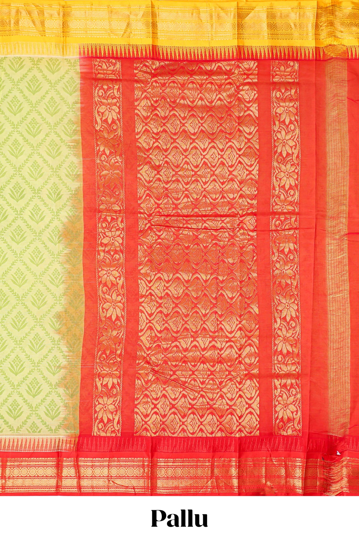 Green geometric floral design chirala cotton saree with contrast border and zari design pallu