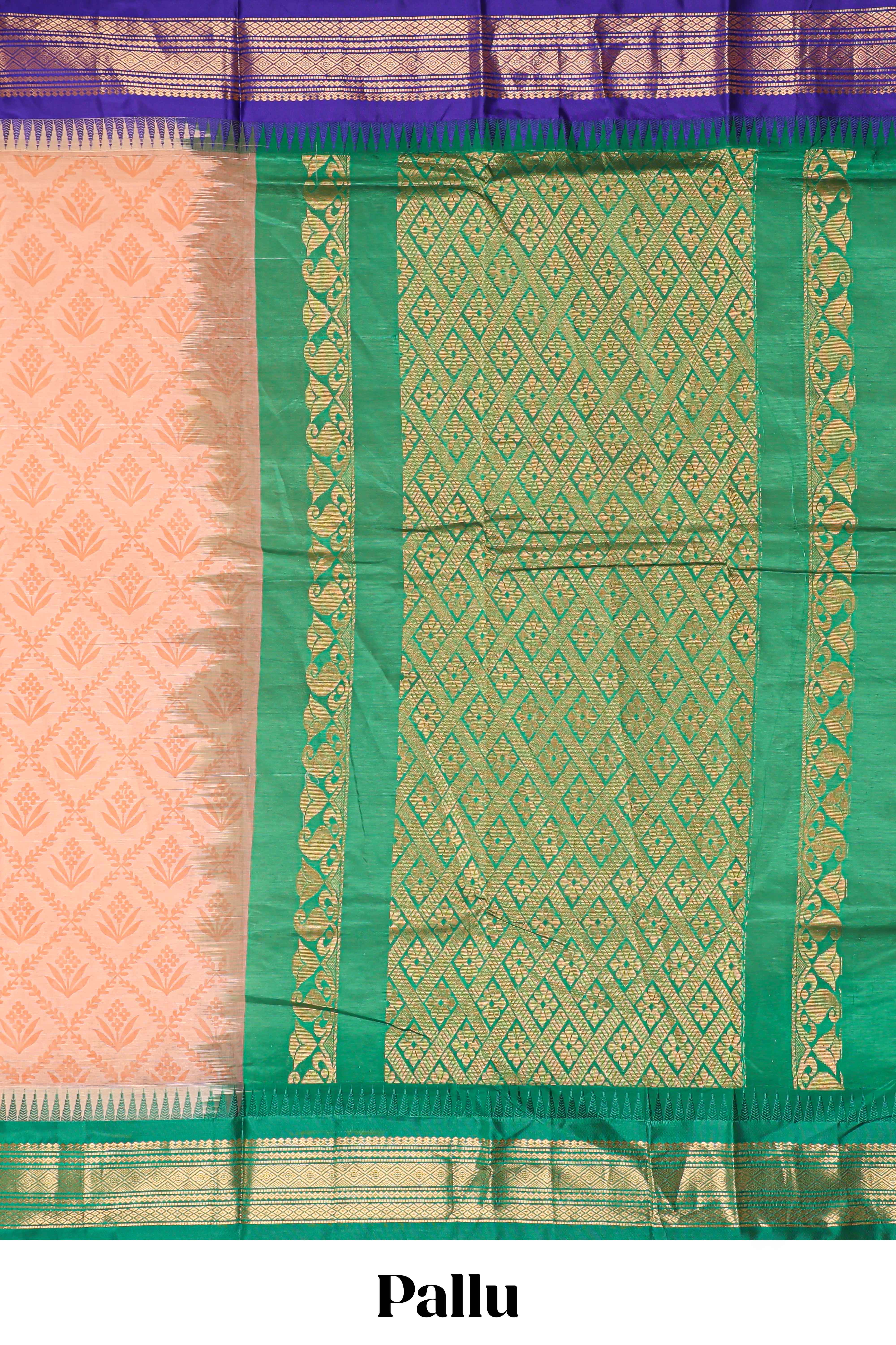 Peach geometric floral design chirala cotton saree with contrast border and zari design pallu