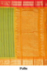 Green striped unique design chirala cotton saree with contrast border and zari design pallu