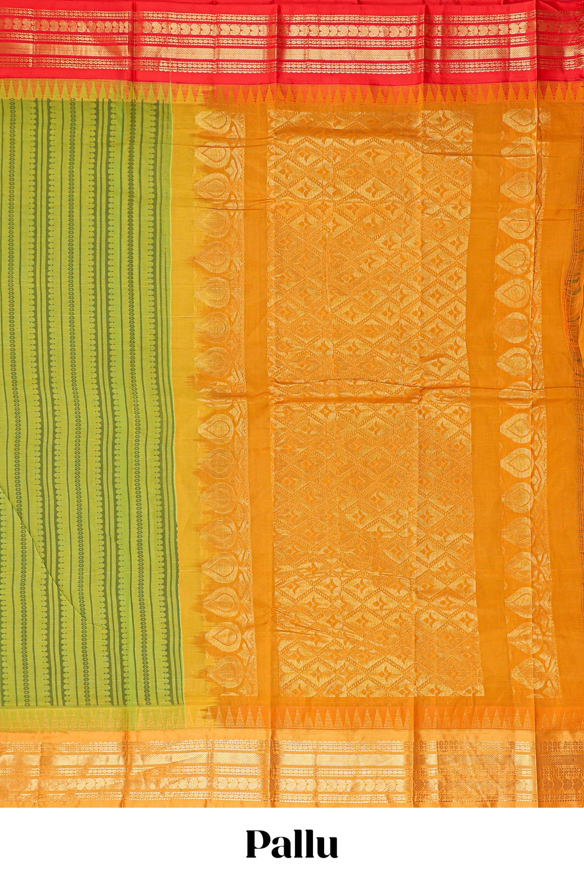 Green striped unique design chirala cotton saree with contrast border and zari design pallu
