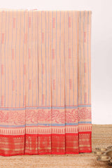 Peach striped bottom floral design chirala cotton saree with contrast border and zari design pallu