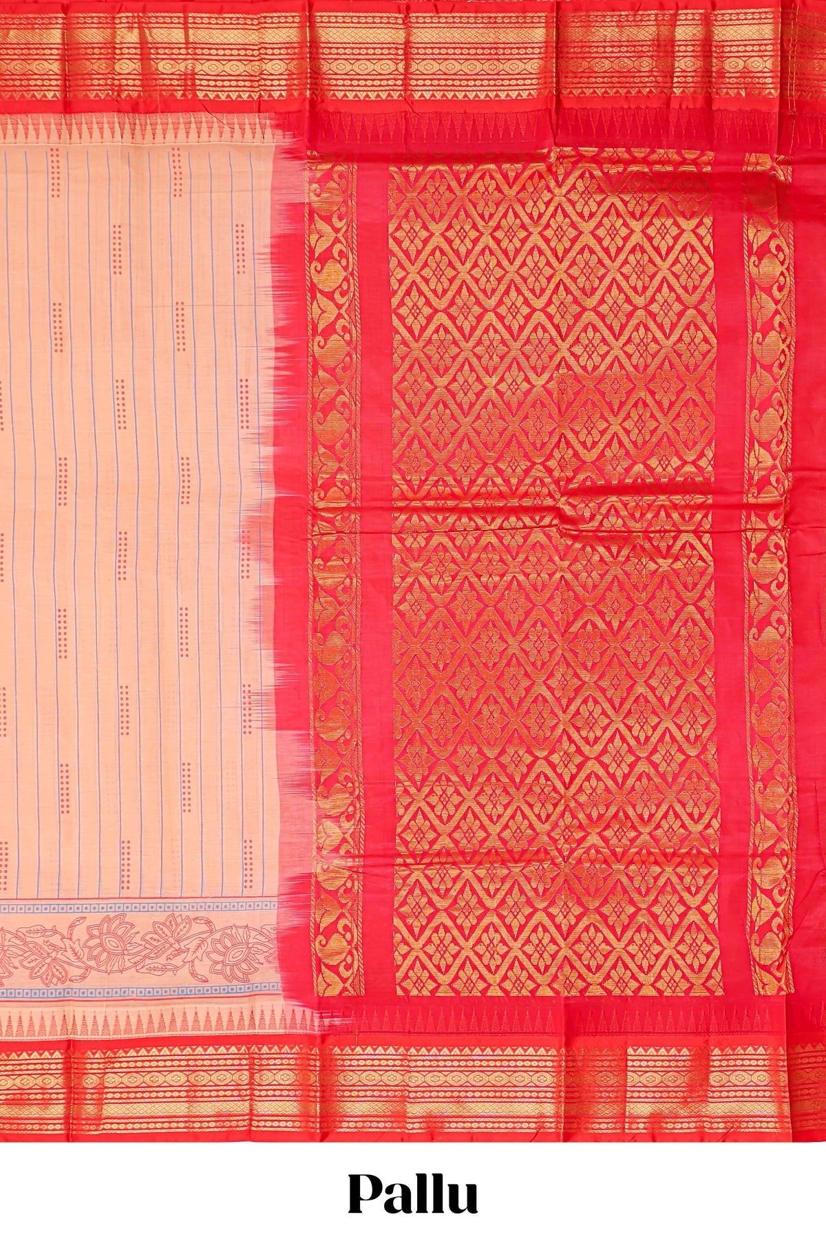 Peach striped bottom floral design chirala cotton saree with contrast border and zari design pallu