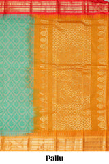 Jungle green geometric floral design chirala cotton saree with contrast border and zari design pallu