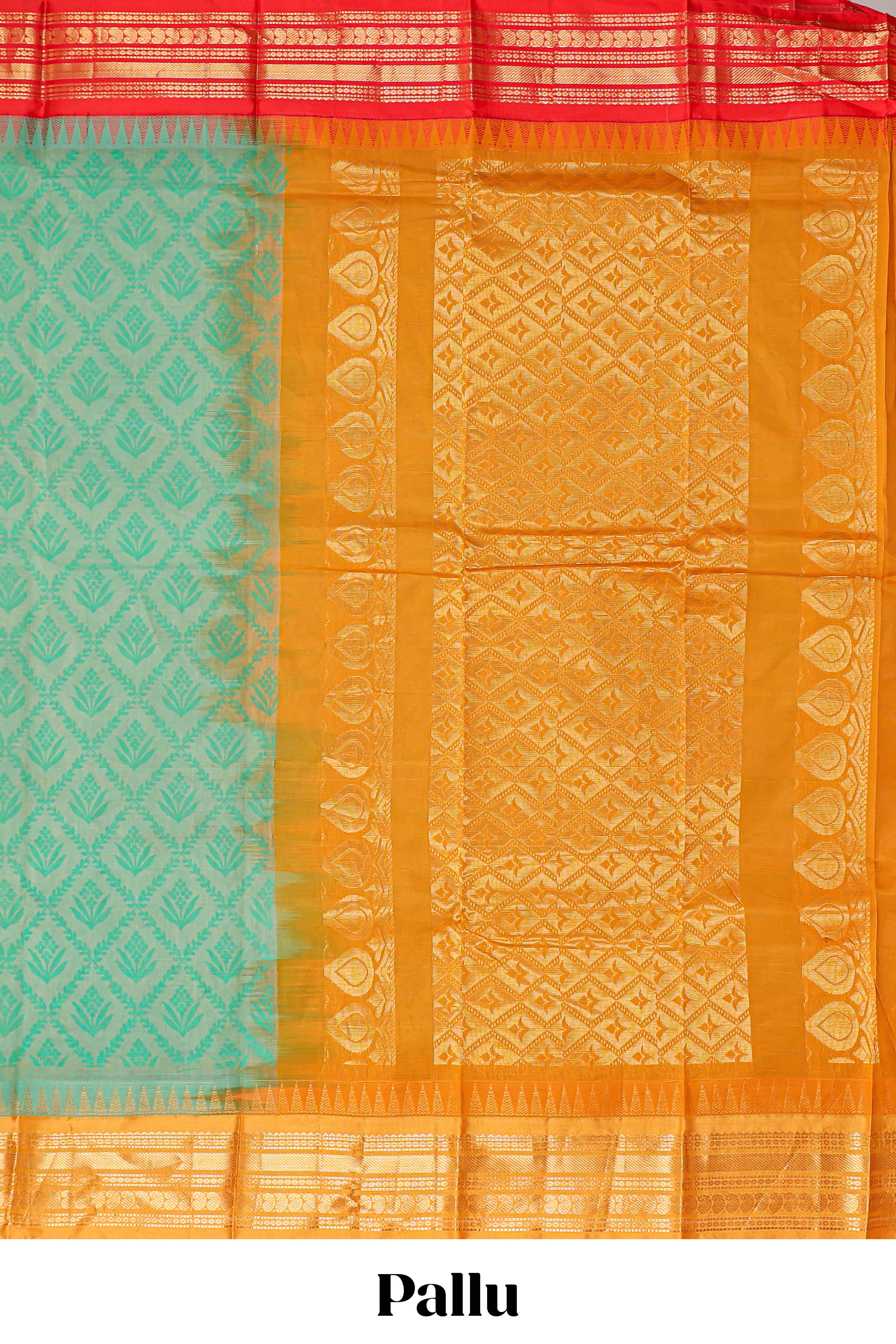 Jungle green geometric floral design chirala cotton saree with contrast border and zari design pallu