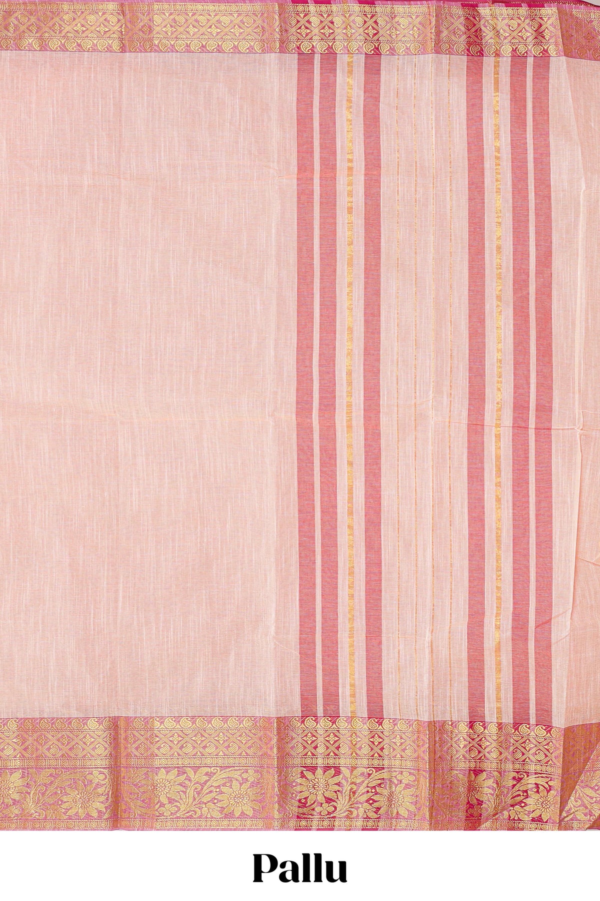 Pale peach plain design chirala cotton saree with contrast border and striped design pallu