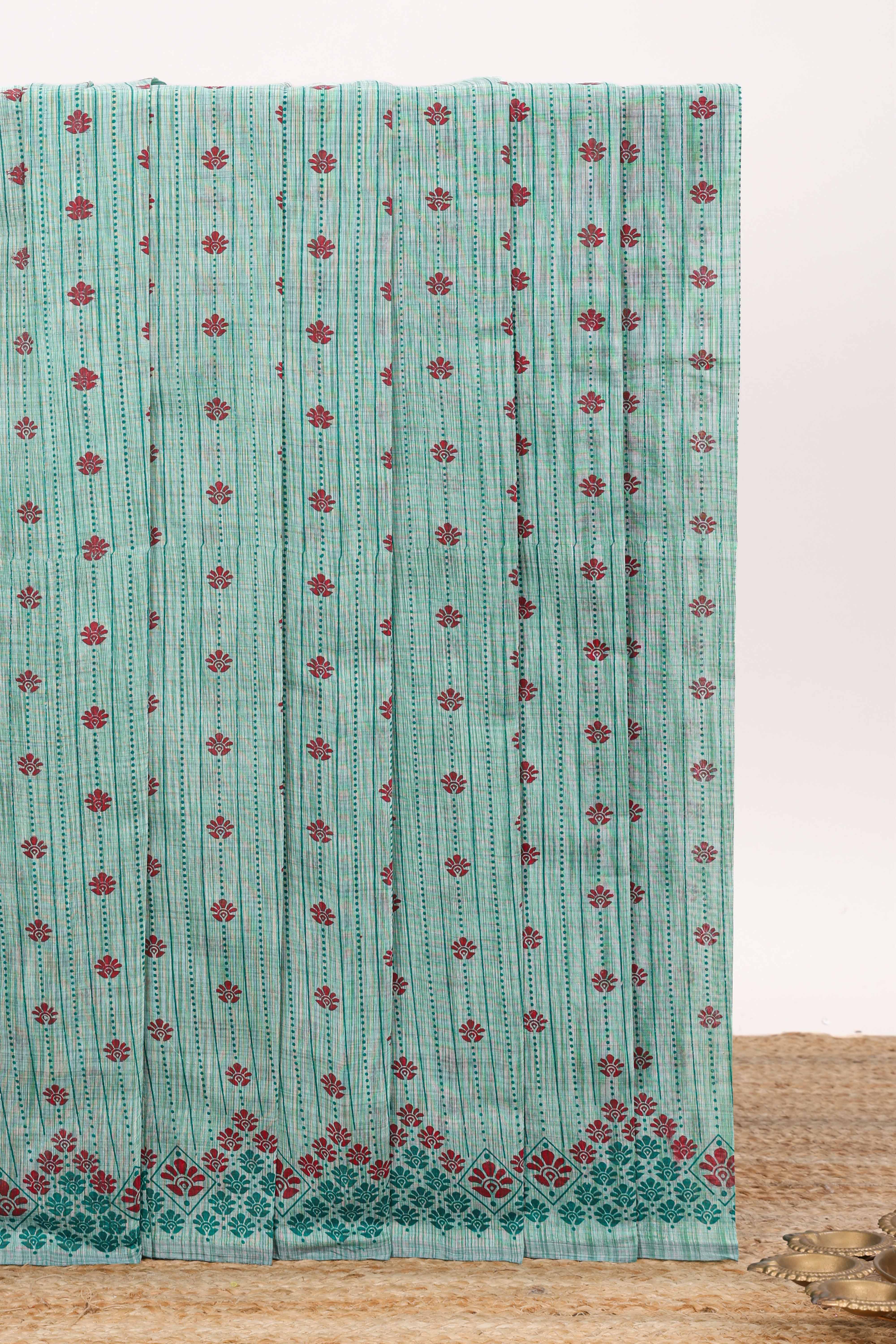 Green striped floral butta design chirala cotton saree with self border and contrast blouse