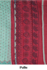 Green striped floral butta design chirala cotton saree with self border and contrast blouse