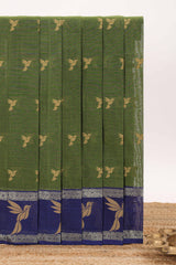 Green bird butta design chirala cotton saree with contrast border and motifs blouse
