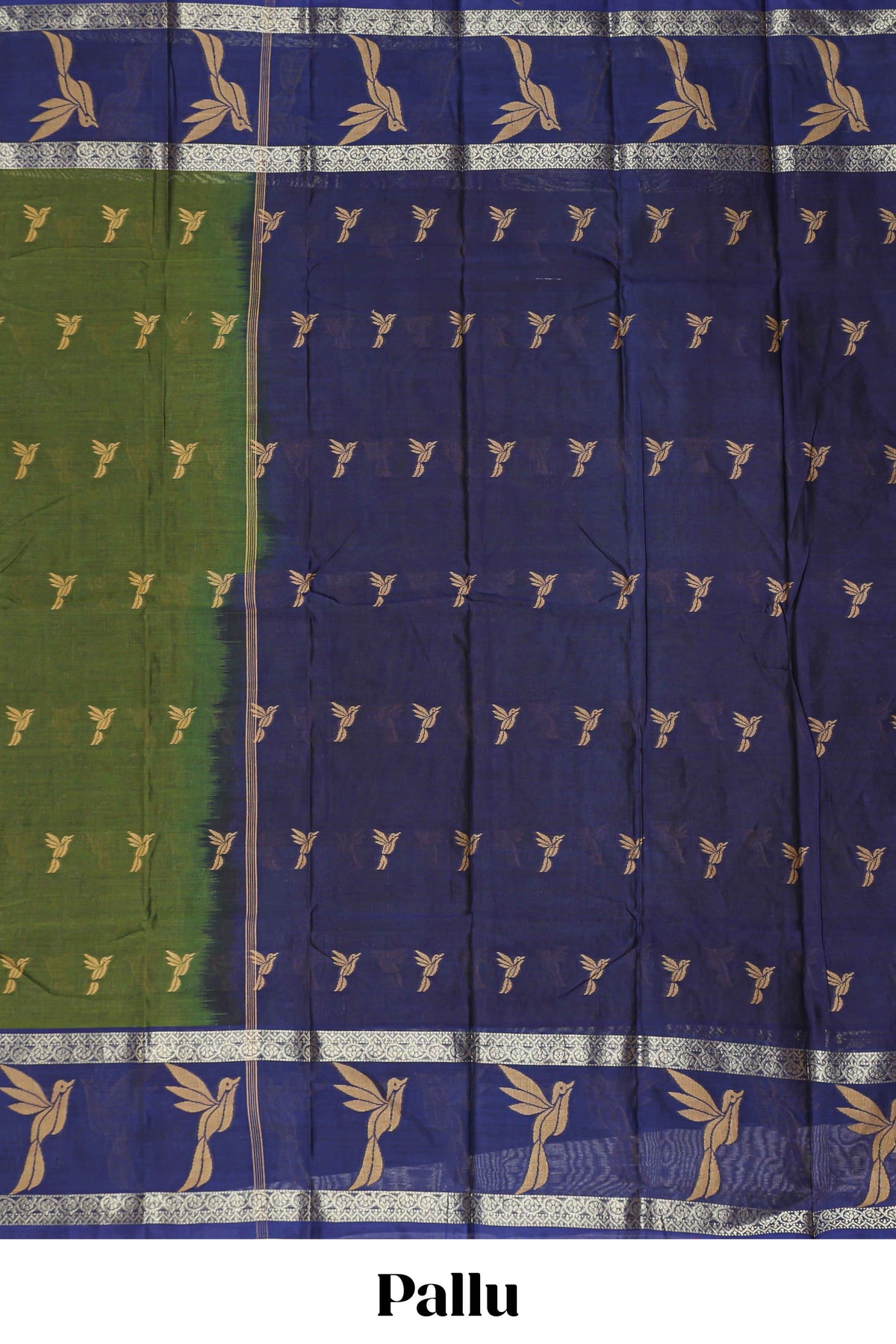 Green bird butta design chirala cotton saree with contrast border and motifs blouse