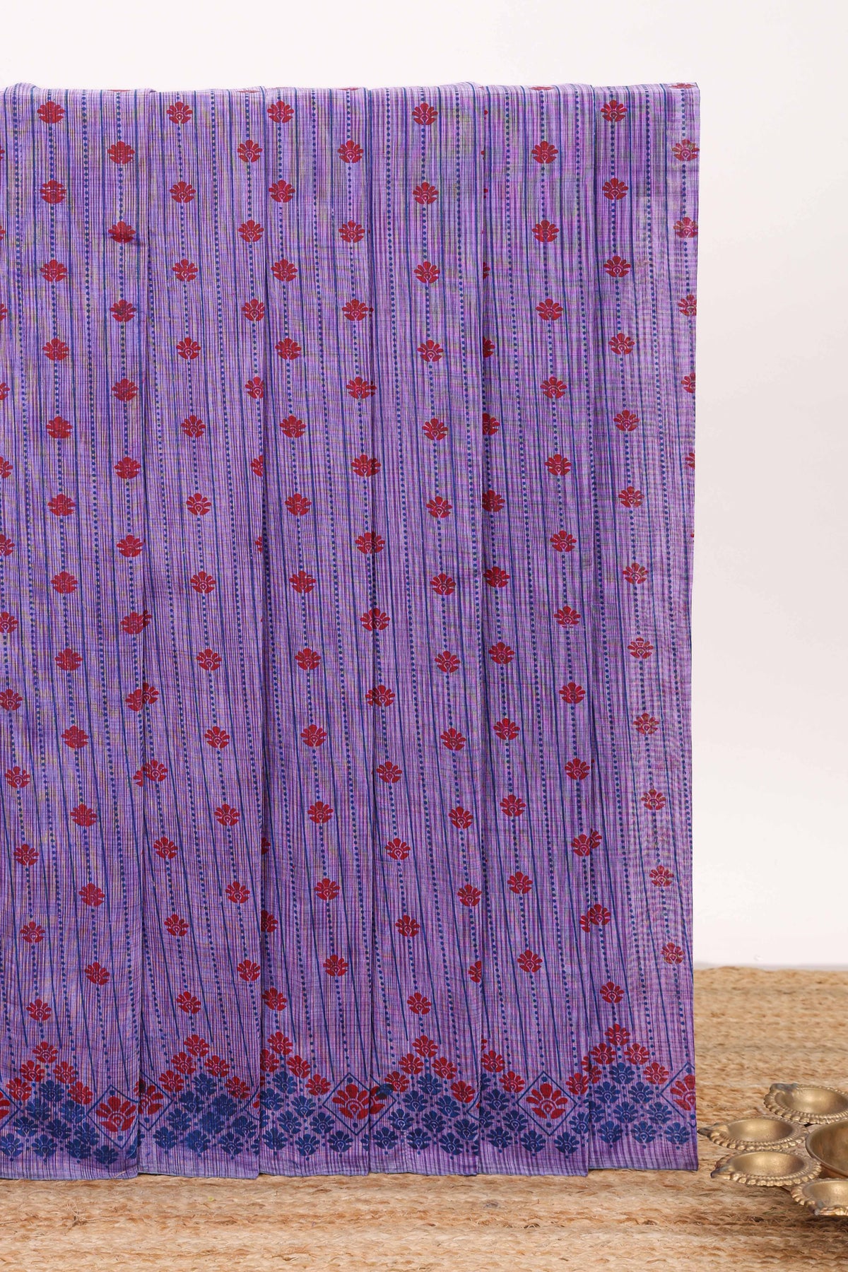Violet striped floral butta design chirala cotton saree with self border and contrast blouse