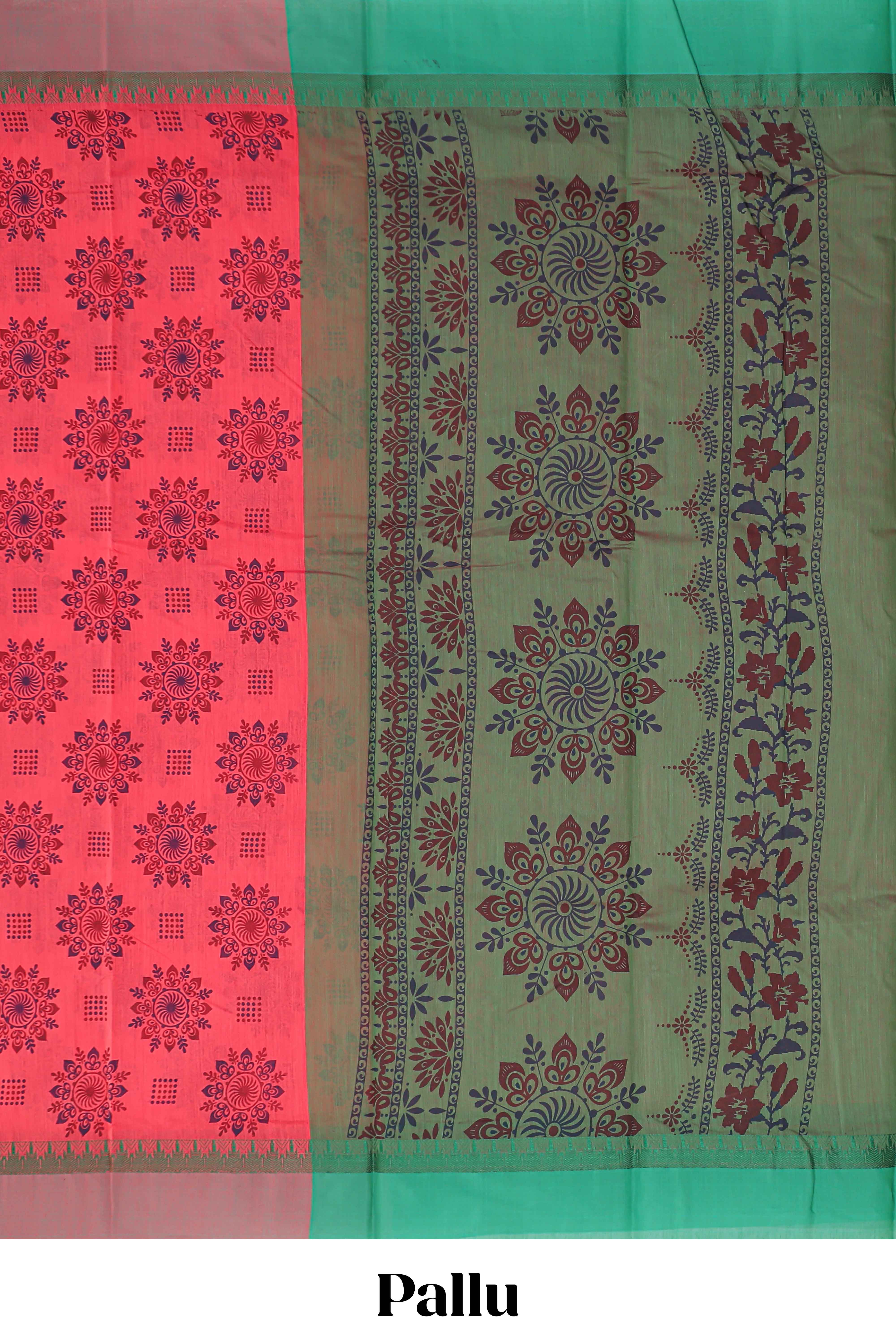 Coral red mandela print chirala cotton saree with contrast border and blouse