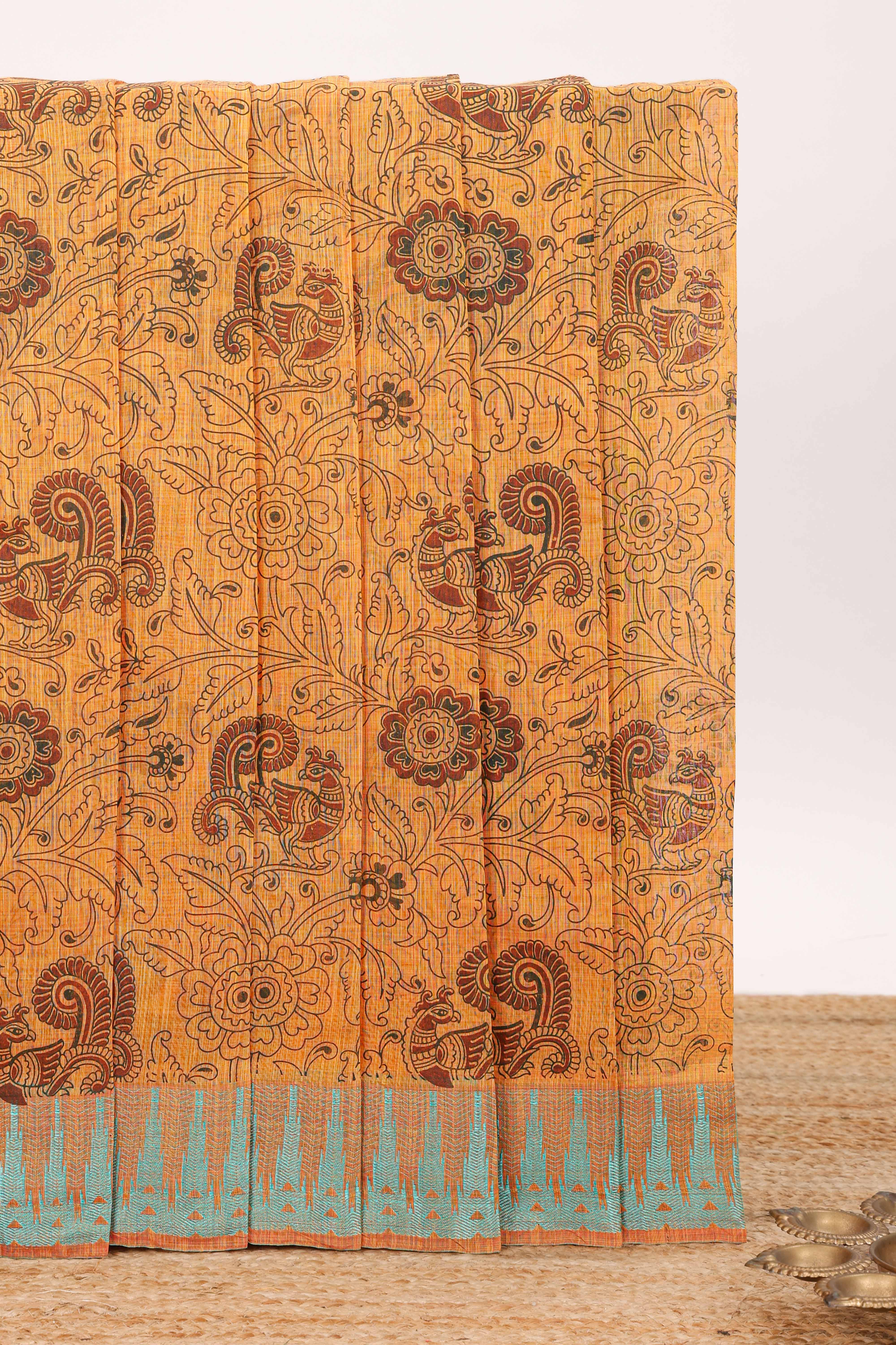 Mustard floral design chirala cotton saree with contrast border and blouse