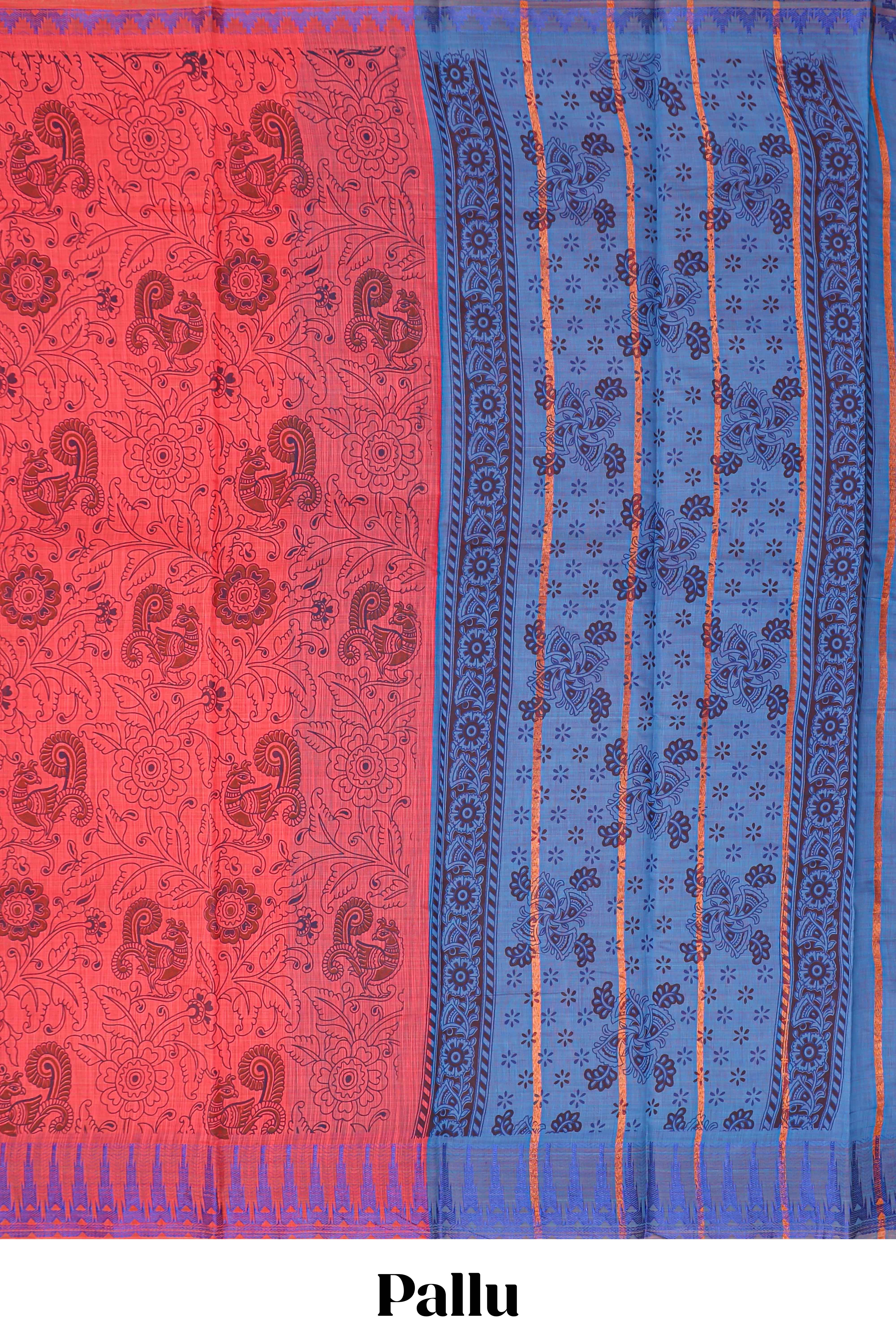 Red floral designed chirala cotton saree with self border and contrast blouse