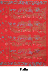 Red floral motifs design chirala cotton saree with self border and floral vine design pallu