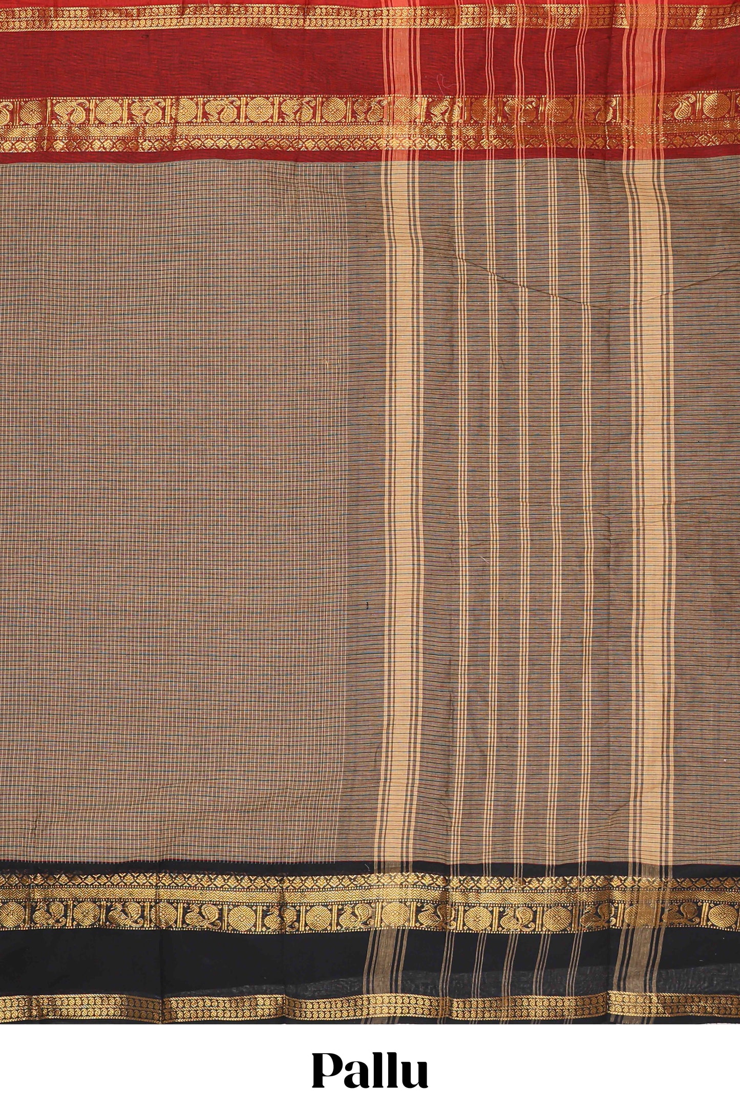 Brown small checked chettinad cotton saree with contrast zari bentex border and striped pallu