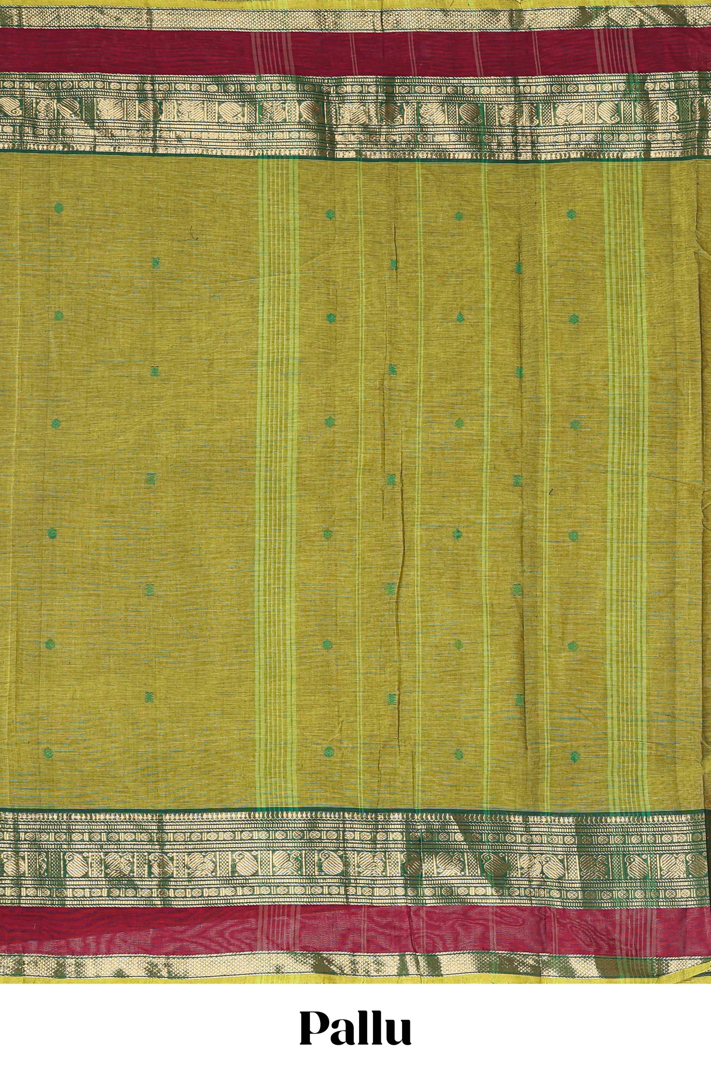 Green butta chettinad cotton saree with contrast zari border and stripe pallu