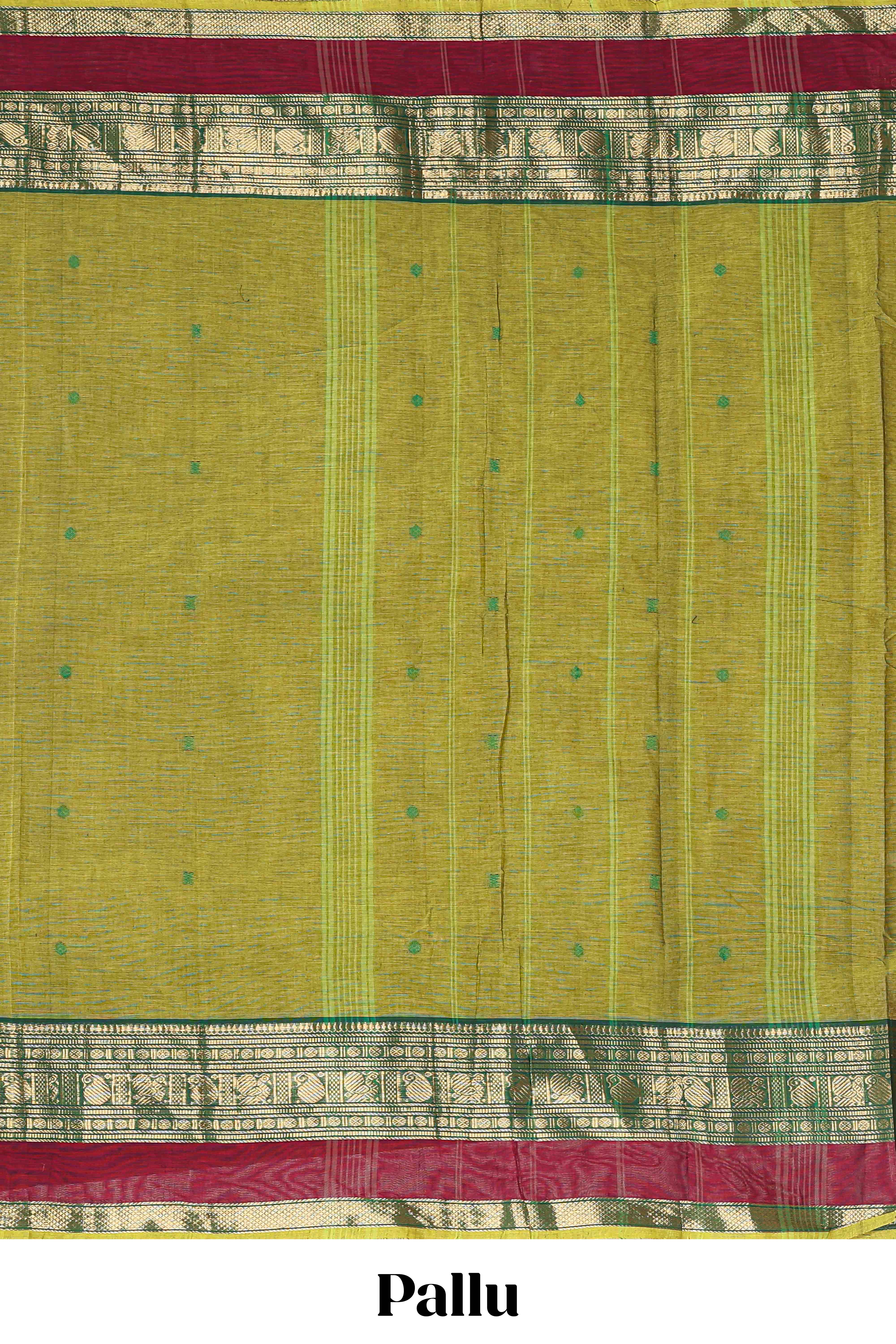 Green butta chettinad cotton saree with contrast zari border and stripe pallu