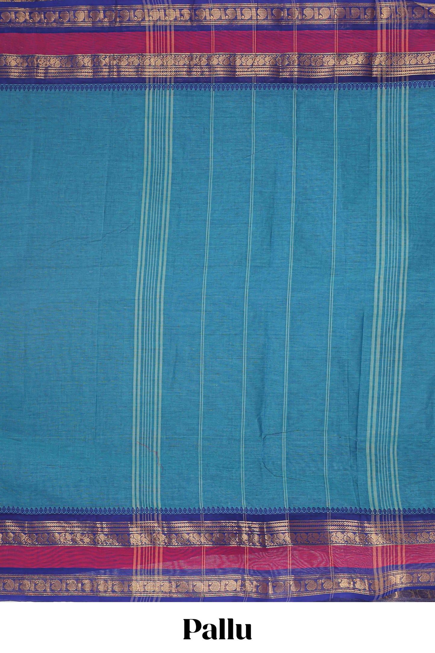 Blue plain chettinad cotton saree with contrast zari border and stripe pallu