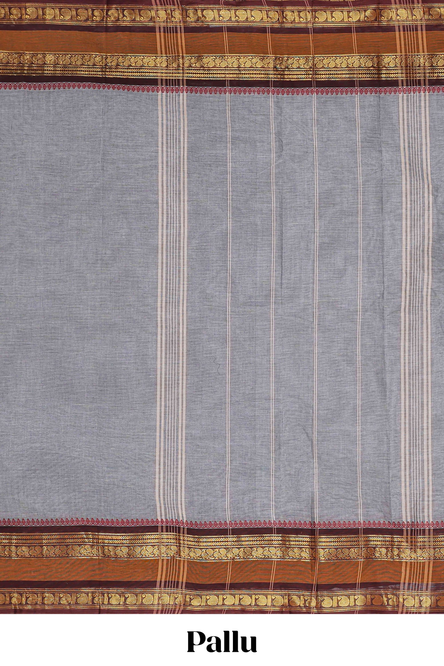 Grey plain chettinad cotton saree with contrast zari border and stripe pallu