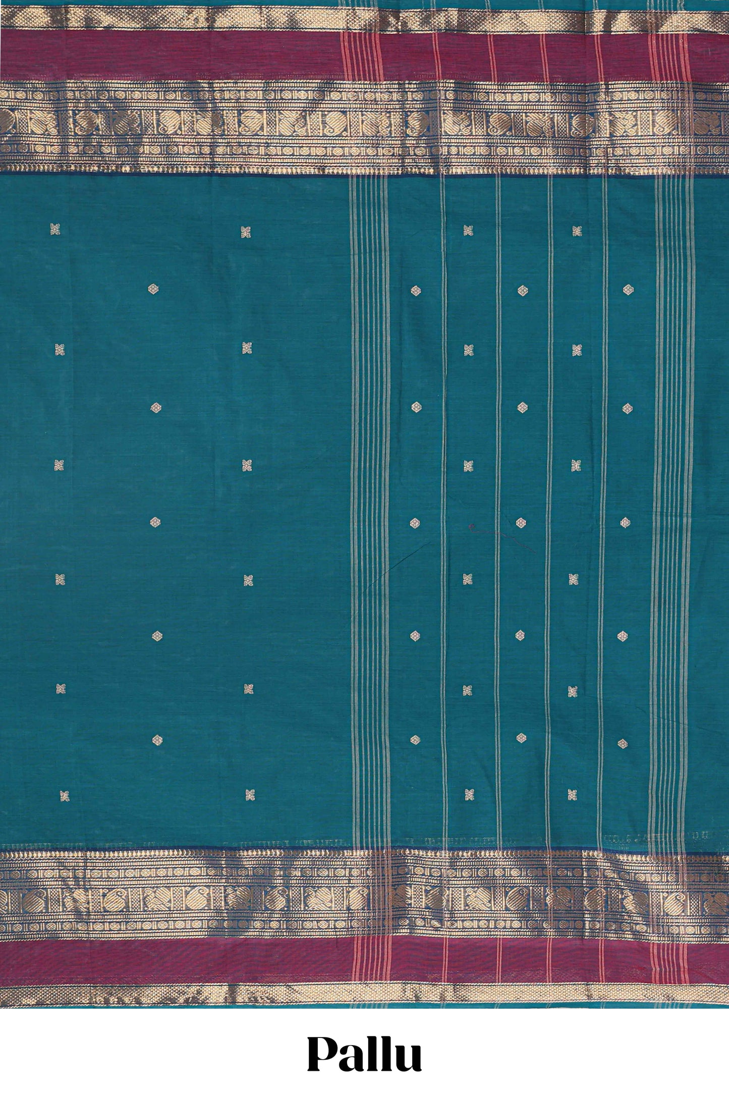 Peacock green plain chettinad cotton saree with contrast zari border and stripe pallu