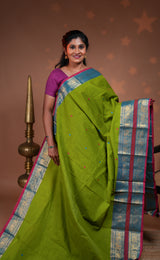 Green plain chettinad cotton saree with contrast bentex zari border and motifs pallu